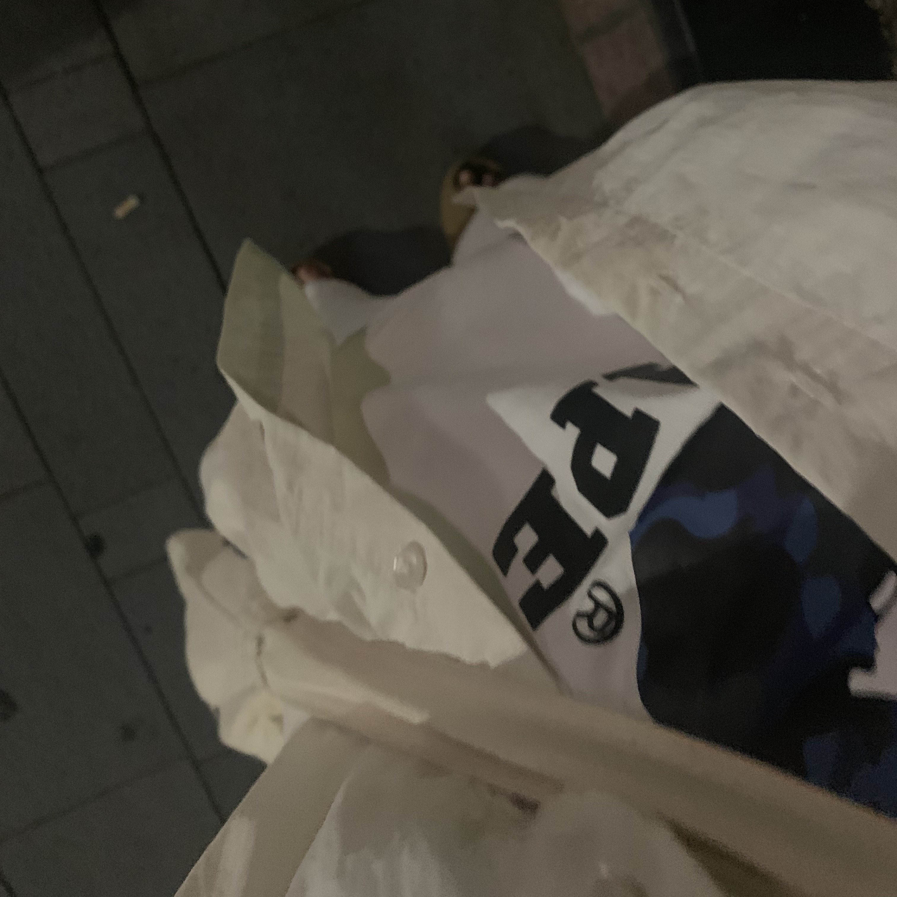Bape Sand Camo College T-Shirt White Navy 착용 스타일 - 1