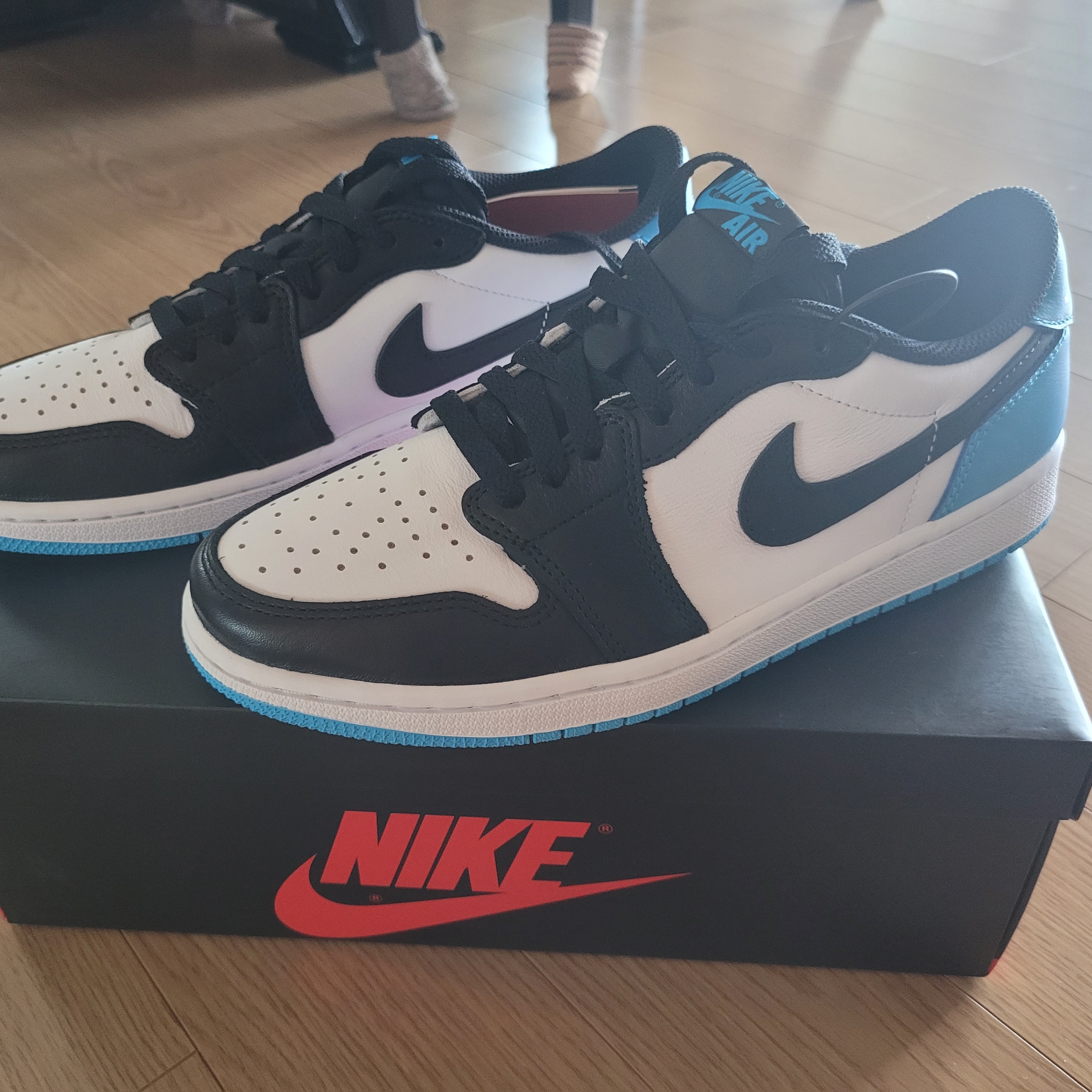Jordan 1 Retro Low OG Black and Dark Powder Blue 착용 스타일 - 1