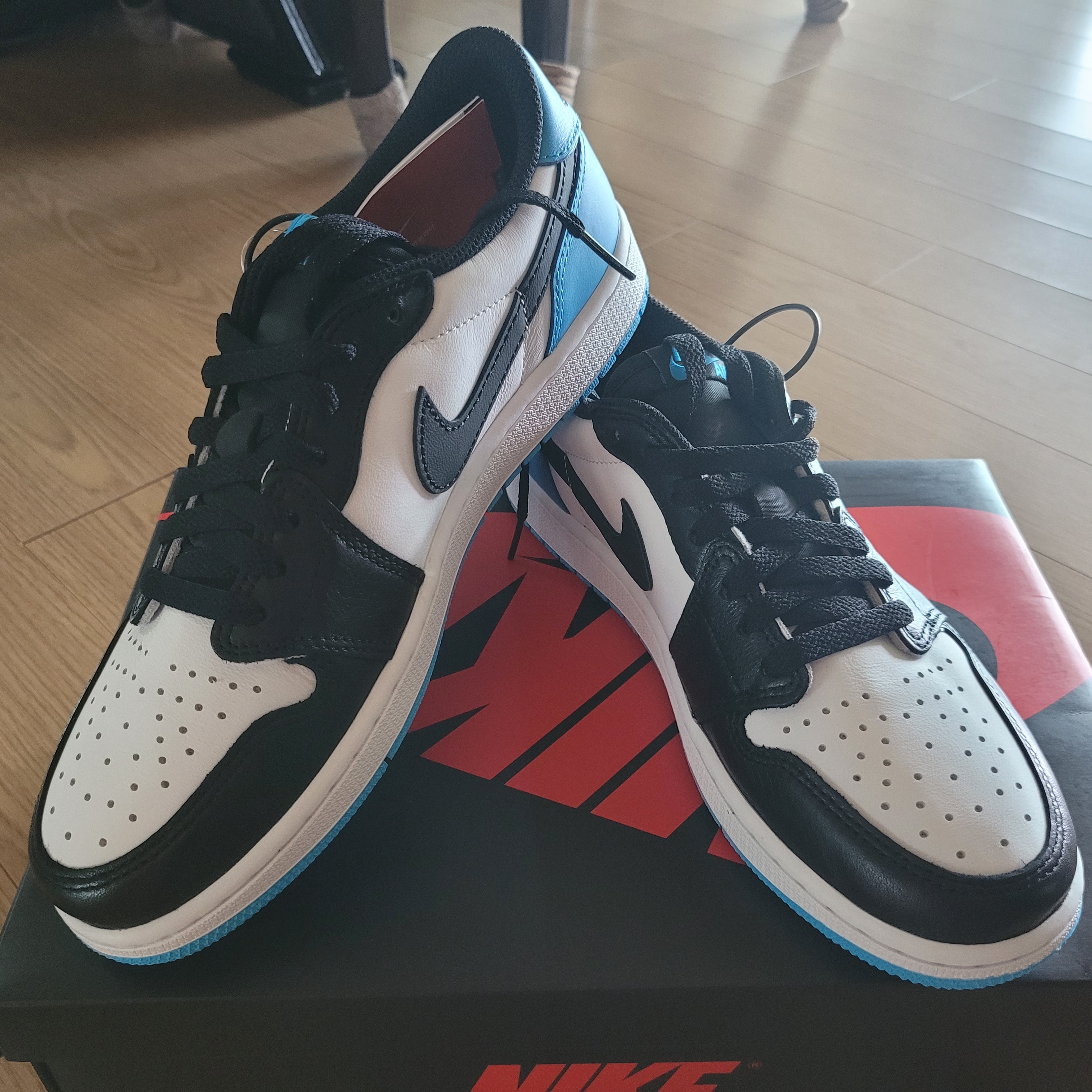 Jordan 1 Retro Low OG Black and Dark Powder Blue 착용 스타일 - 3