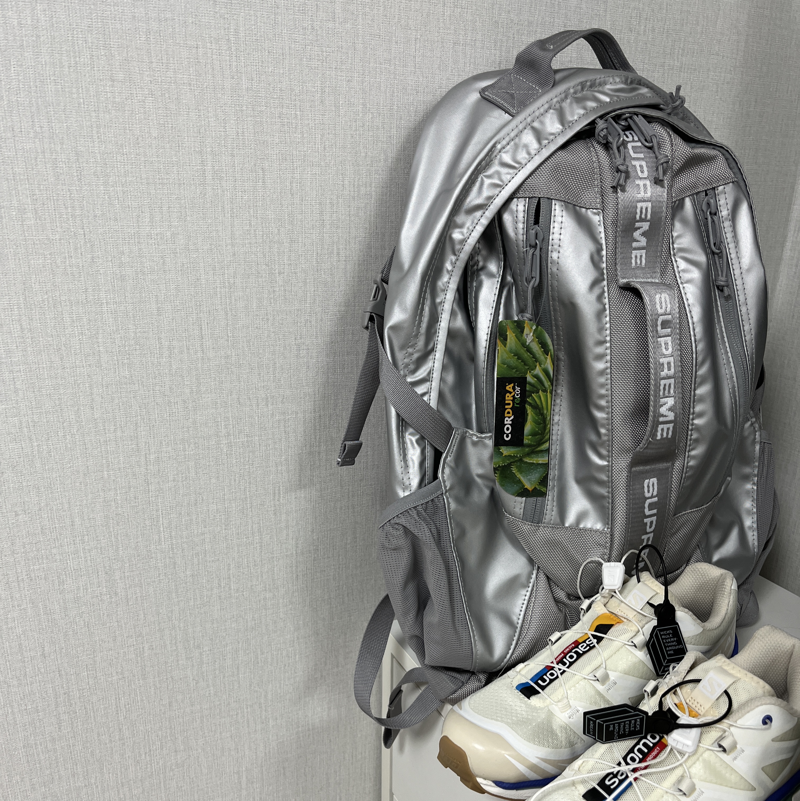Salomon XT-6 Vanilla Ice Granite Green Gum, Supreme Backpack Silver - 22FW 착용 스타일 - 2