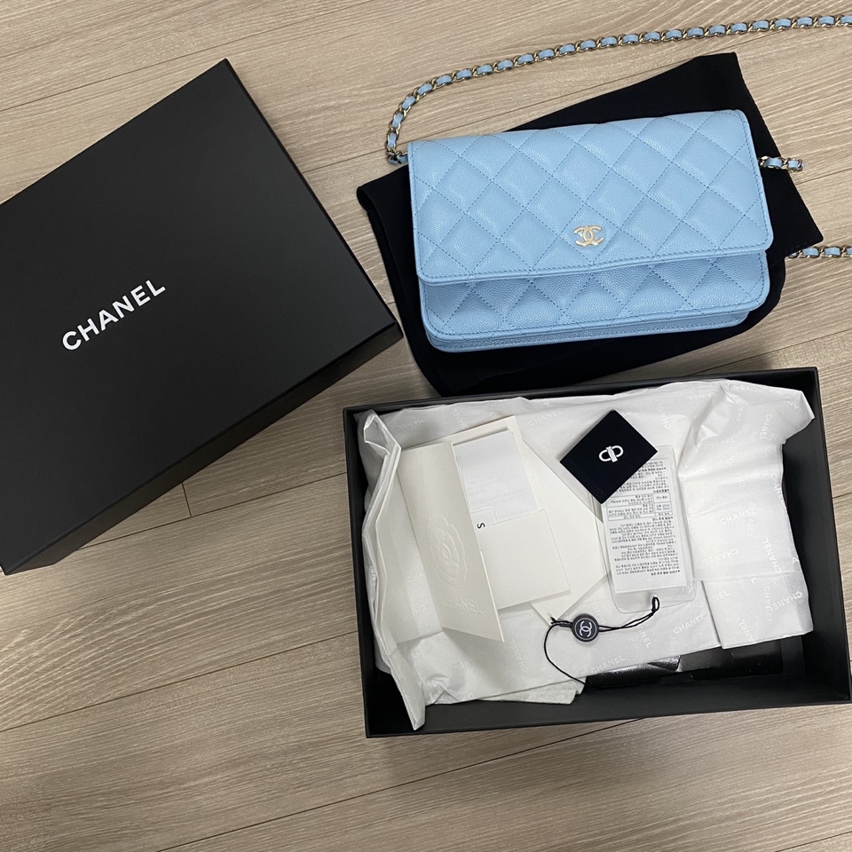 Chanel Classic Wallet On Chain Grained Calfskin & Gold Light Blue 착용 스타일