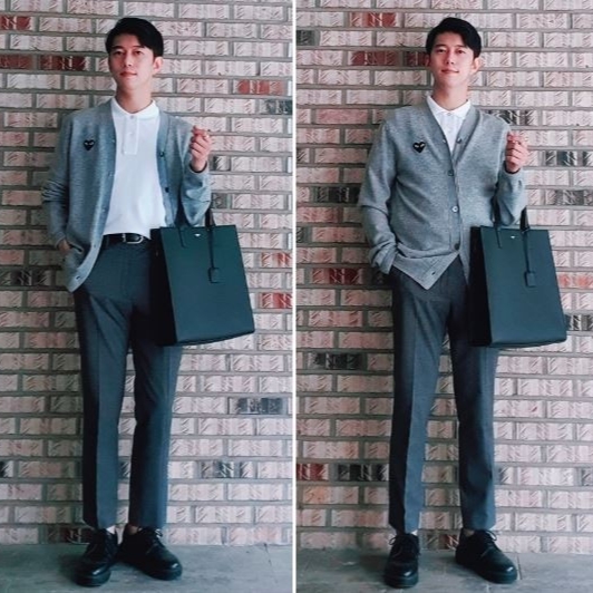 Play Comme des Garcons Black Heart Knit Cardigan Grey, AMI de Coeur Polo Shirt White 착용 스타일 - 1