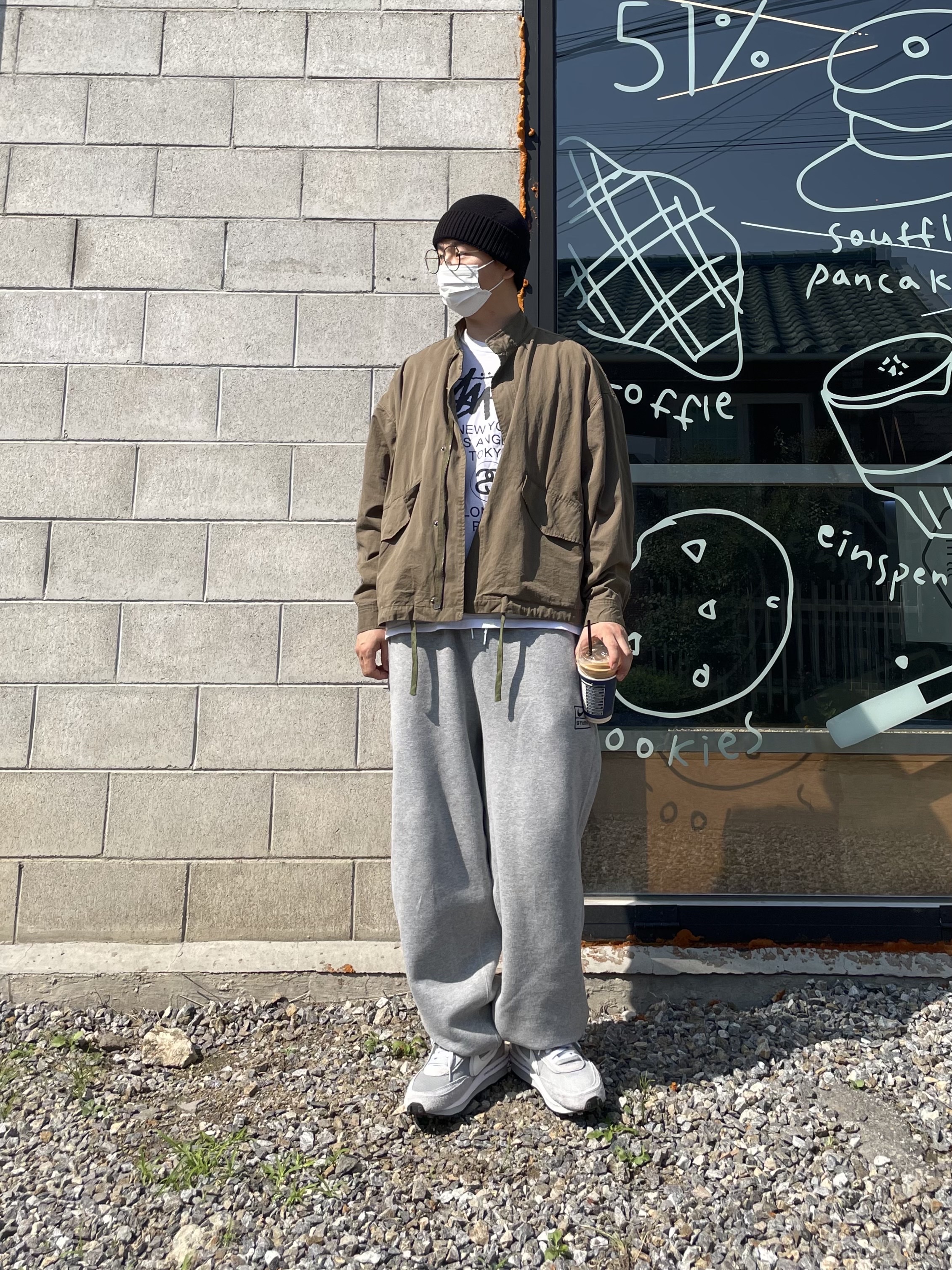 Nike x Sacai x Fragment LDWaffle Light Smoke Grey, Nike x Stussy NRG RA Fleece Pants Dark Grey Heather (DJ9491-063) 착용 스타일