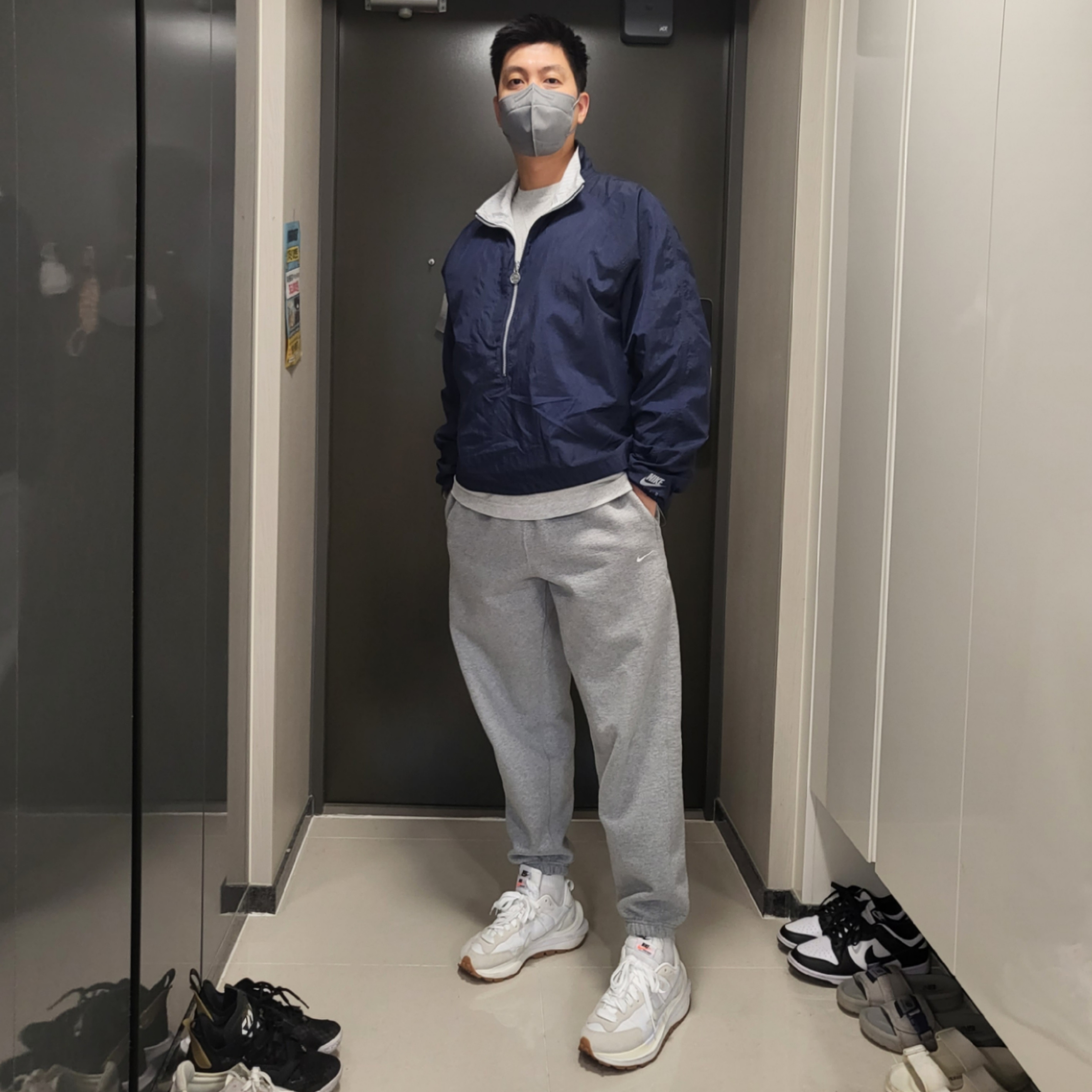 Nike x Kim Jones Reversible Wind Breaker Navy - Asia, Nike NRG Solo Swoosh Fleece Pants Dark Grey Heather - US/EU 착용 스타일