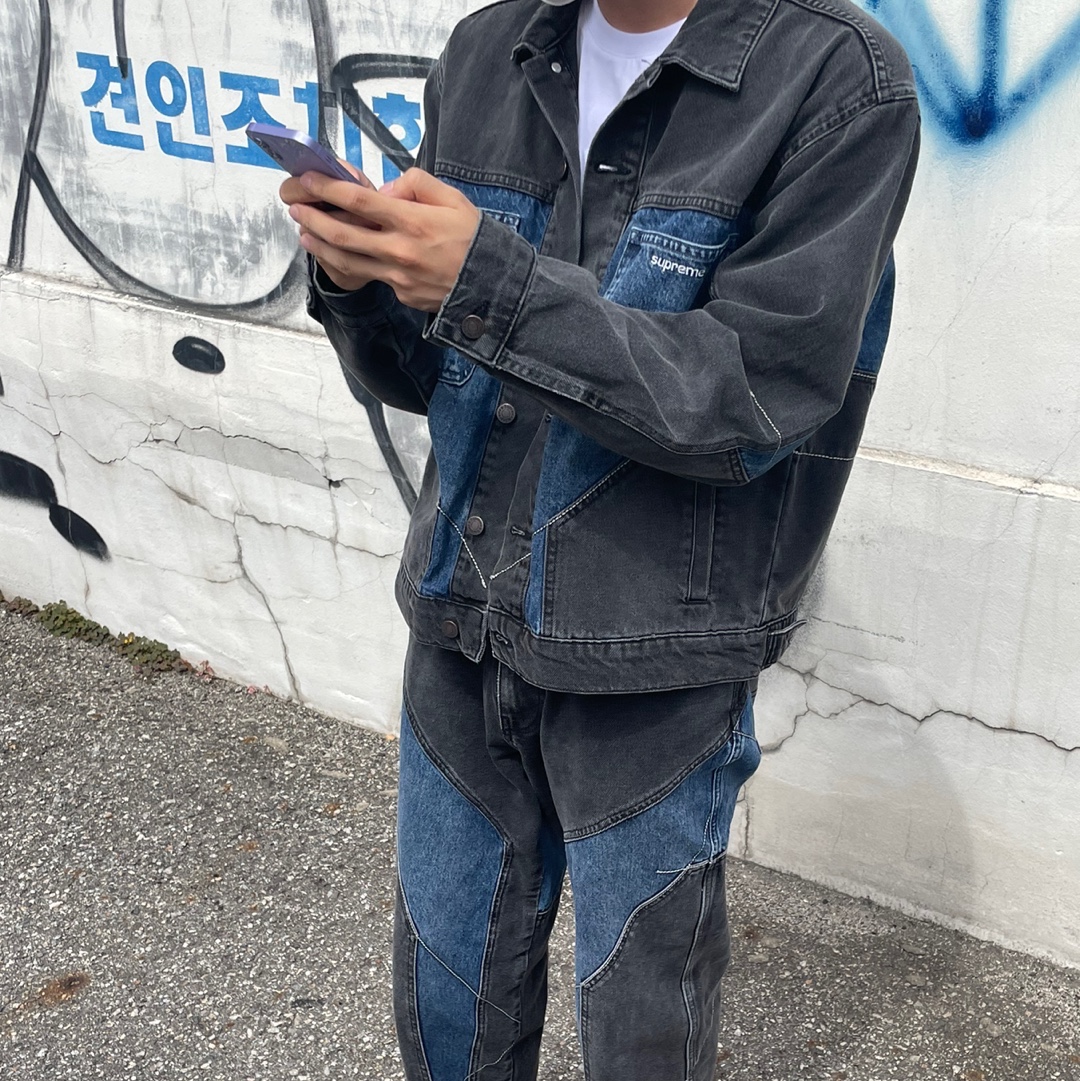 Supreme 2-Tone Paneled Jean Black - 22FW, Supreme 2-Tone Paneled Denim Jacket Black - 22FW 착용 스타일 - 3