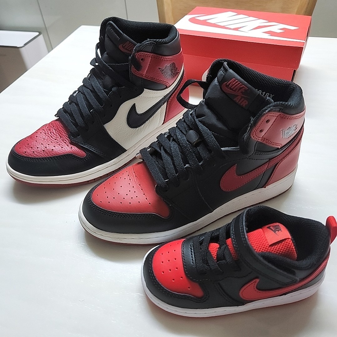 Jordan 1 Retro High OG Bred Toe, (GS) Jordan 1 Retro High OG Bred Banned 2016 착용 스타일