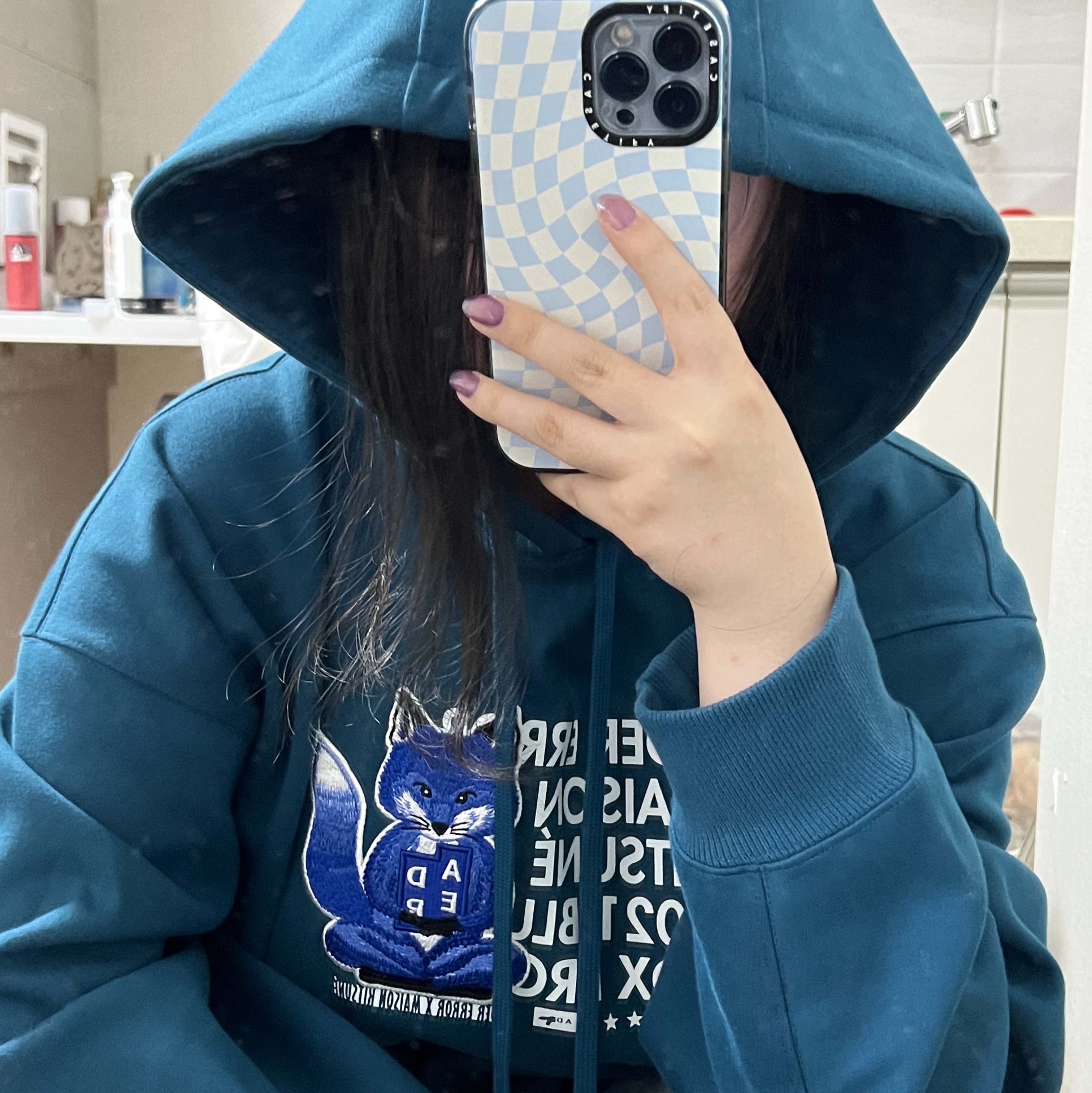 Maison Kitsune x Ader Error Meditation Fox Hoodie Turquoise, (W) Jordan 1 Mid Wolf Grey 착용 스타일 - 2