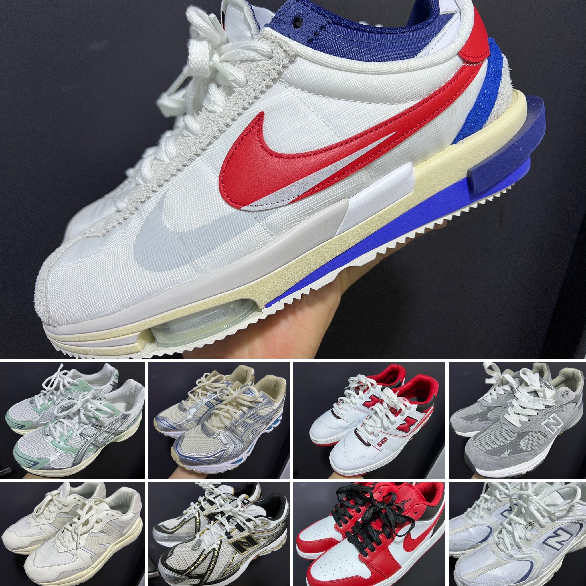Nike x Sacai Zoom Cortez SP White and University Red, Asics Gel-Kayano 14 Cream Pure Silver 착용 스타일