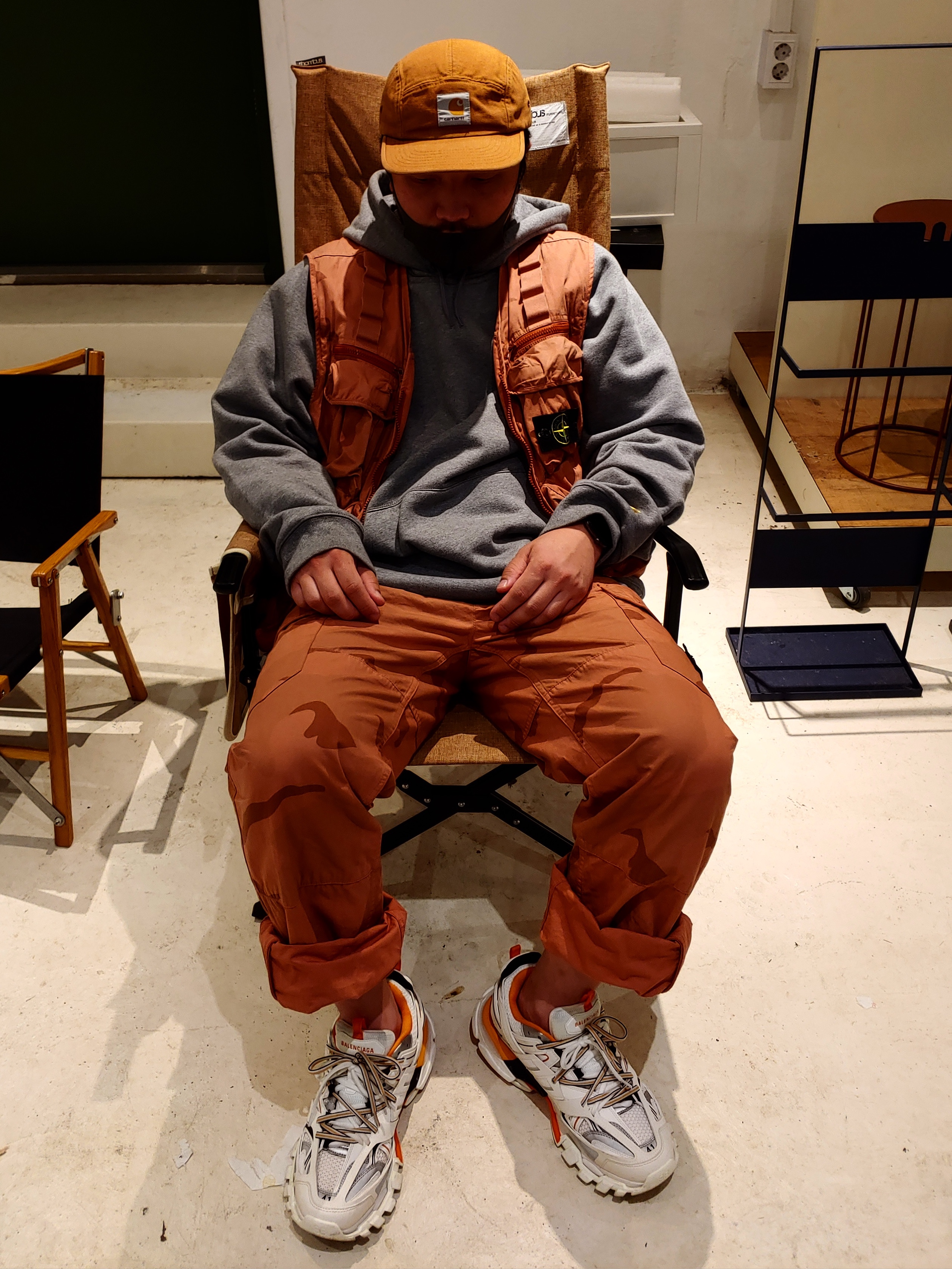 Supreme x Stone Island Camo Cargo Pants Coral - 19SS, Supreme x Stone Island Camo Cargo Vest Coral Camo - 19SS 착용 스타일