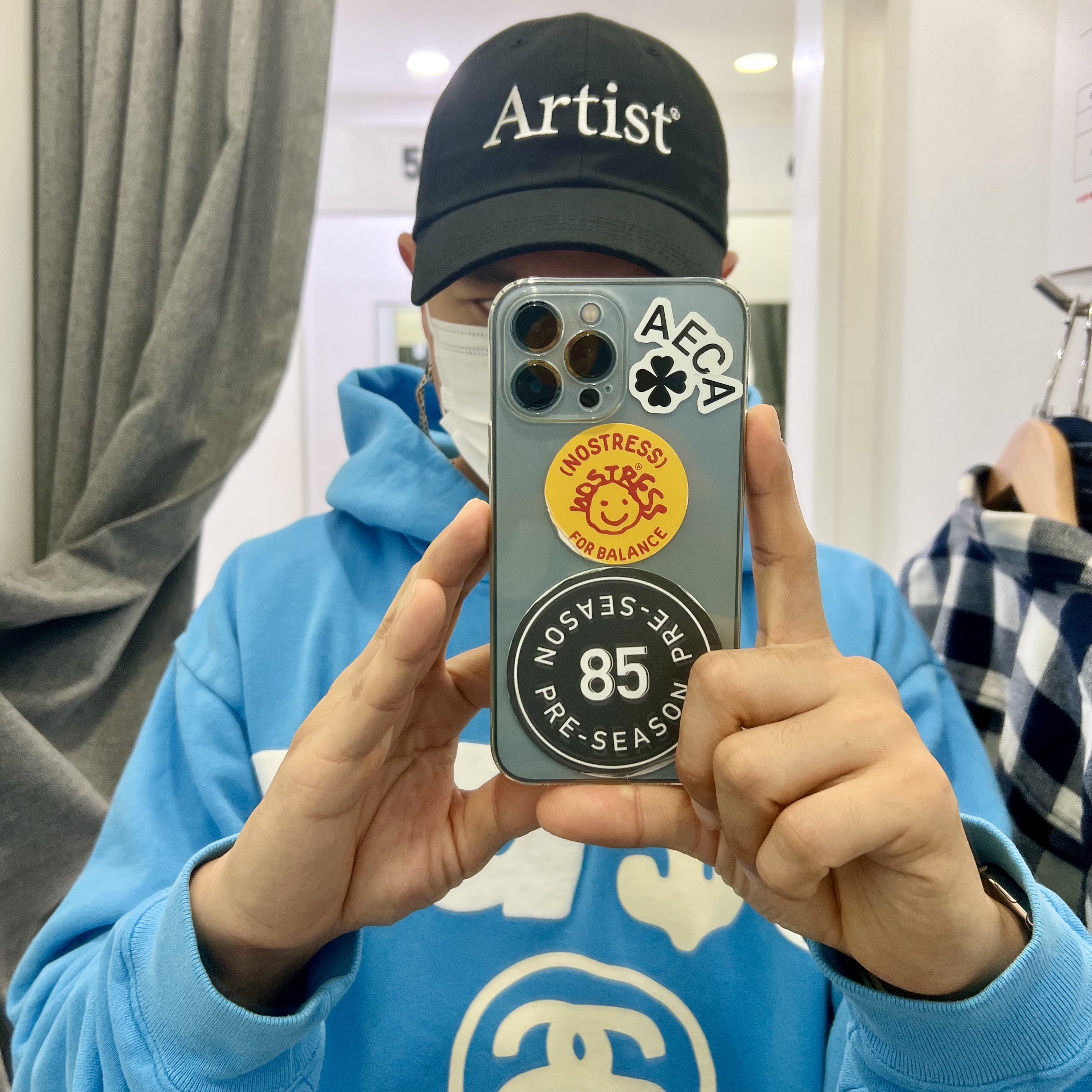Stussy x Cactus Plant Flea Market 8 Ball Pigment Dyed Hoodie Blue, Uniqlo x Marni Wide Fit Boxy Short Pants Pattern Blue 착용 스타일 - 3