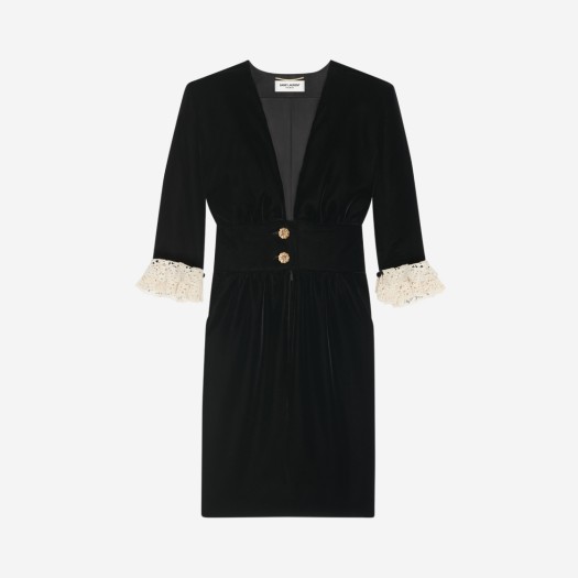 (W) 생로랑 쿠프로 벨벳 브이넥 미디 드레스 블랙