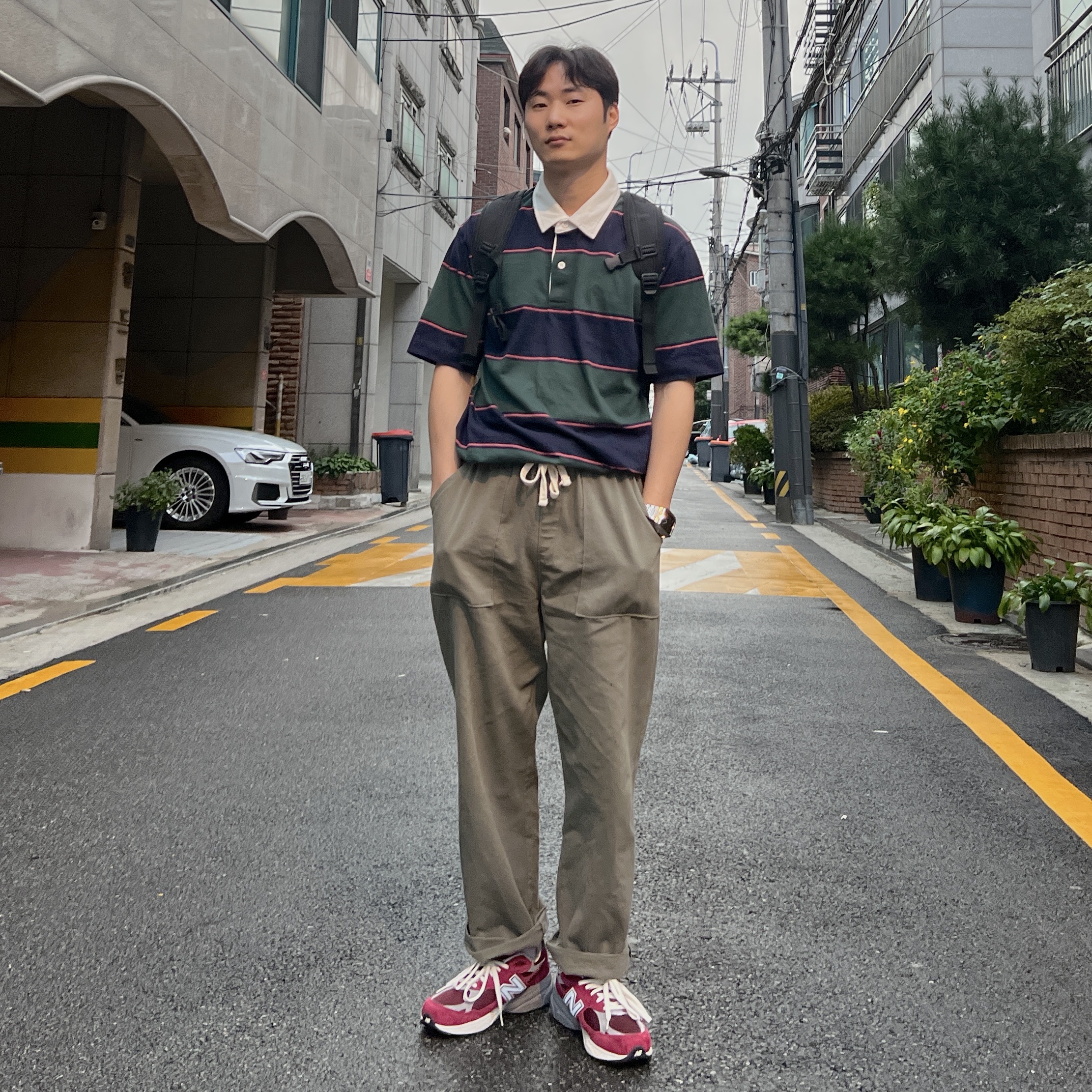 New Balance 990v3 Made in USA Scarlet Marblehead 착용 스타일