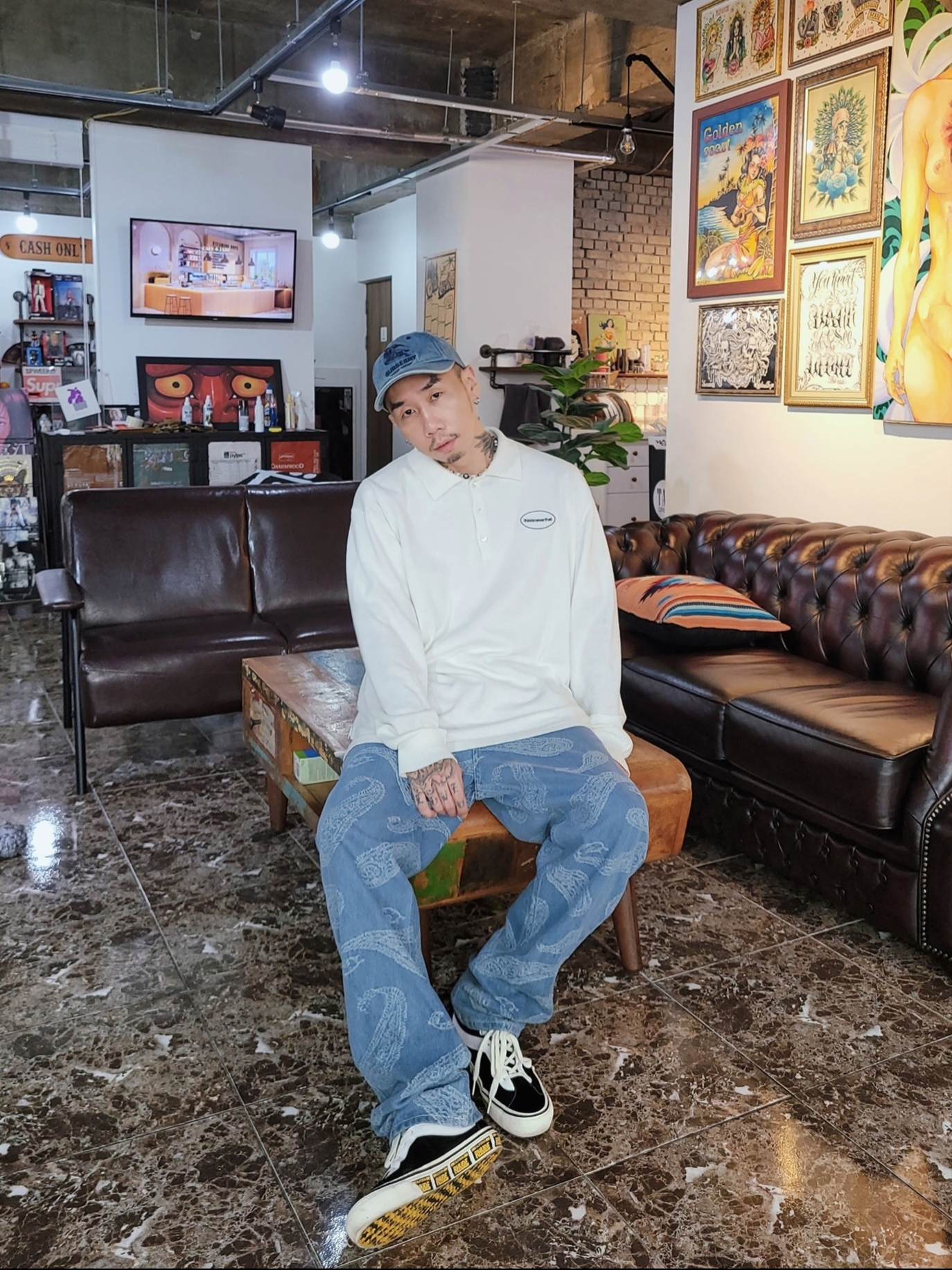 Supreme x Burberry Denim 6-Panel Washed Blue - 22SS, Vans x Rhude Bold Ni Black 착용 스타일