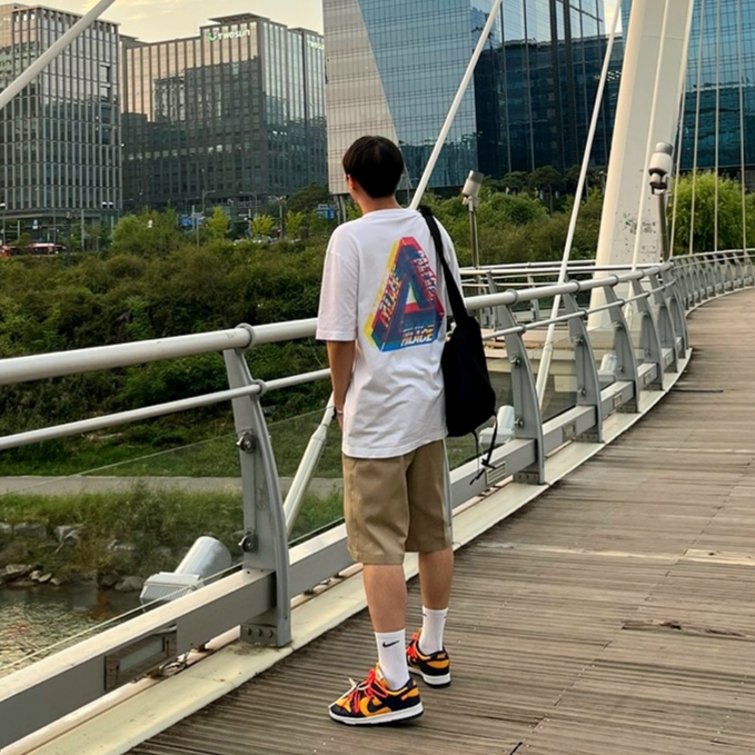 Nike x Off-White Dunk Low University Gold Midnight Navy, Palace Tri-Ferg Colour Blur T-Shirt White - 20FW 착용 스타일