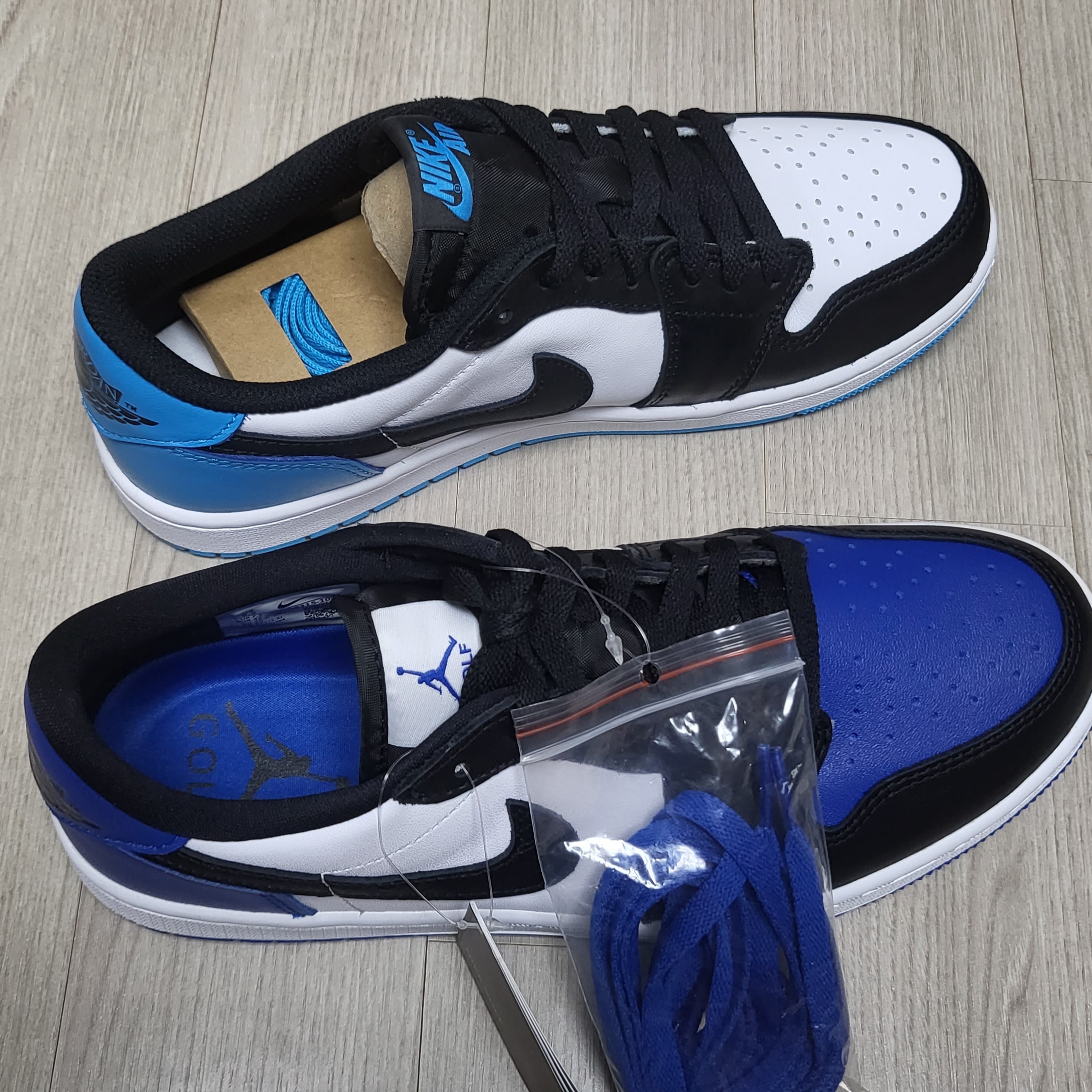 Jordan 1 Low Golf Sport Royal, Jordan 1 Retro Low OG Black and Dark Powder Blue 착용 스타일