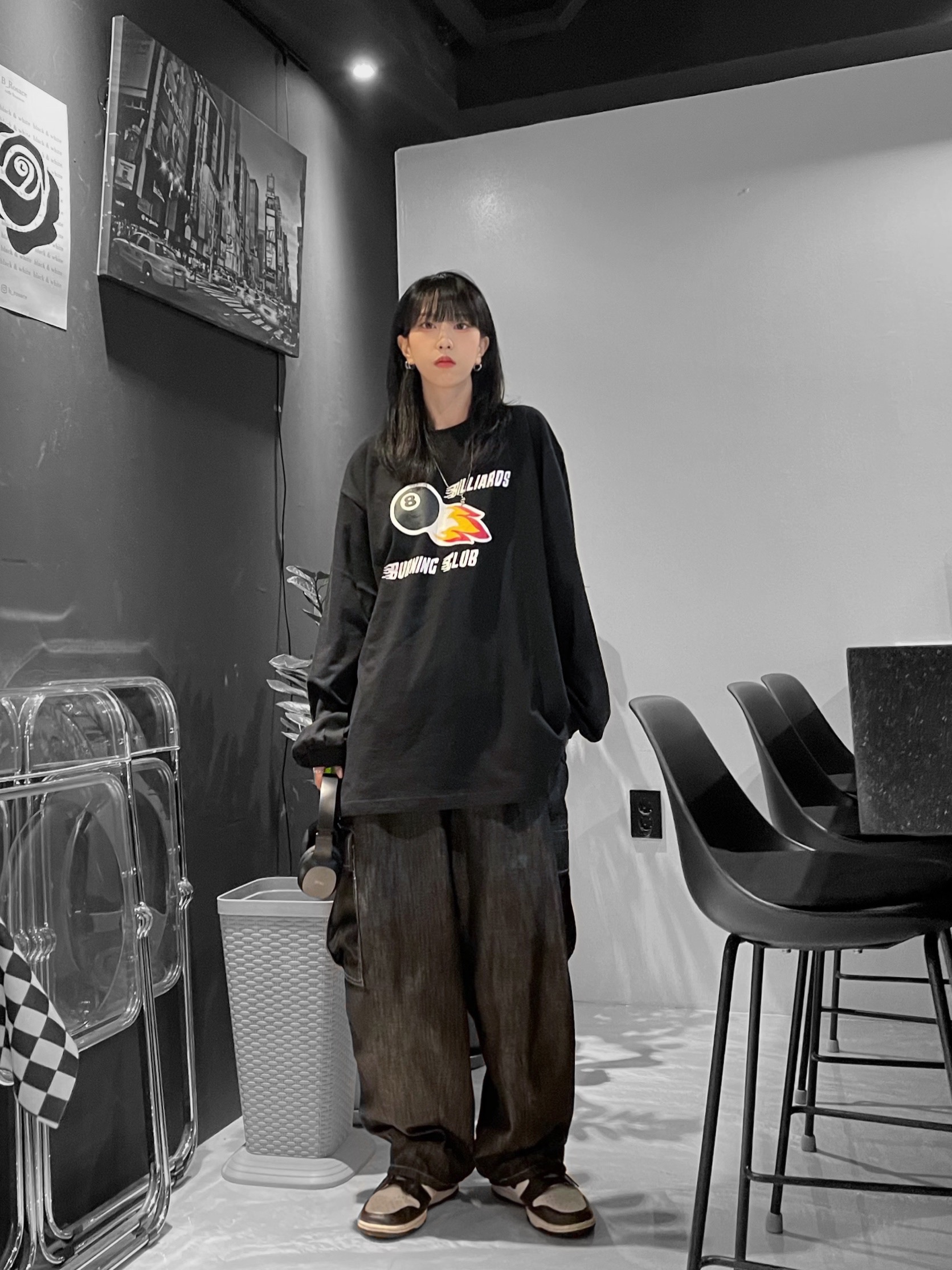 (W) Nike Dunk High Black and White 착용 스타일 - 2