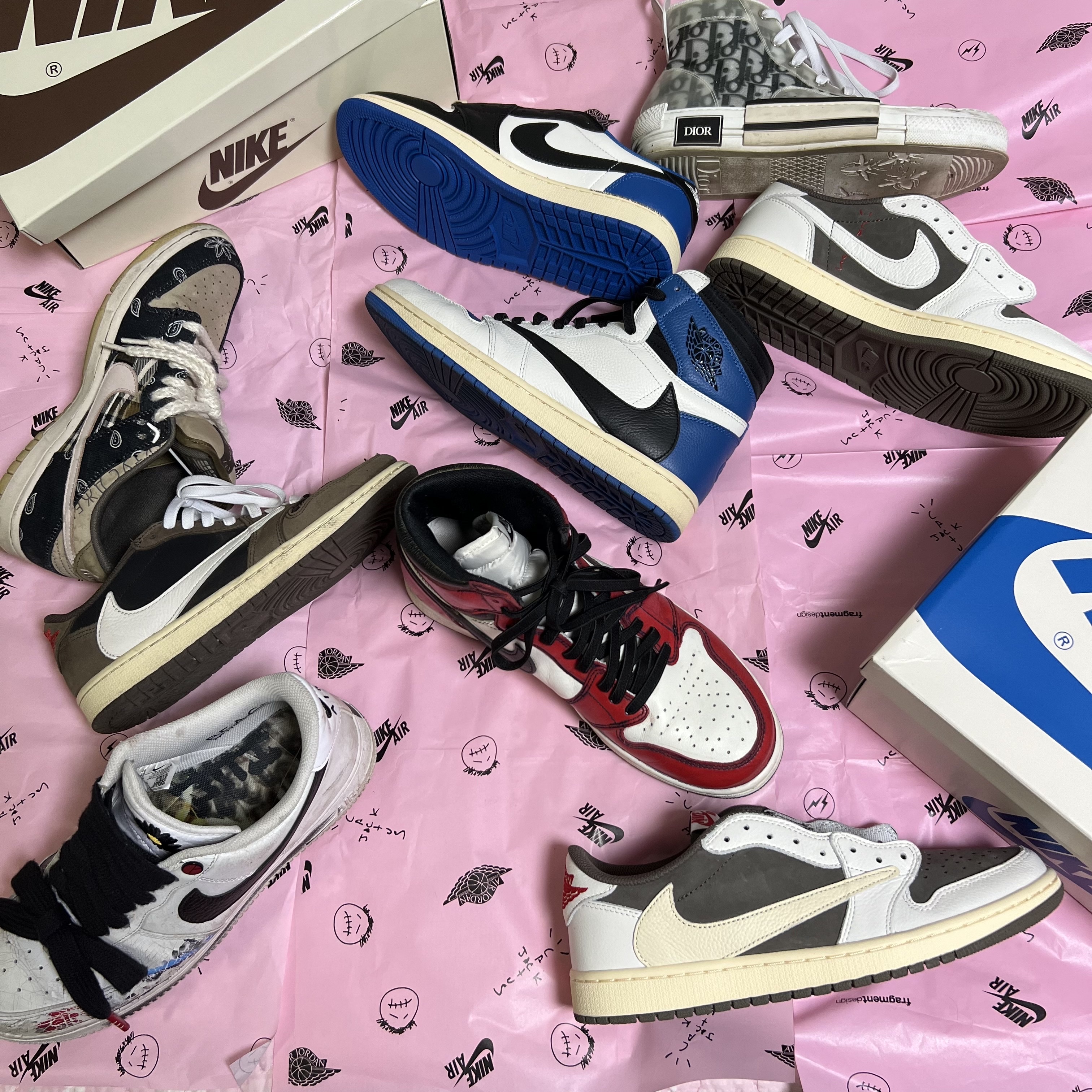 Jordan 1 x Travis Scott x Fragment Retro High OG SP Military Blue, Jordan 1 x Travis Scott x Fragment Retro Low OG SP Military Blue 착용 스타일