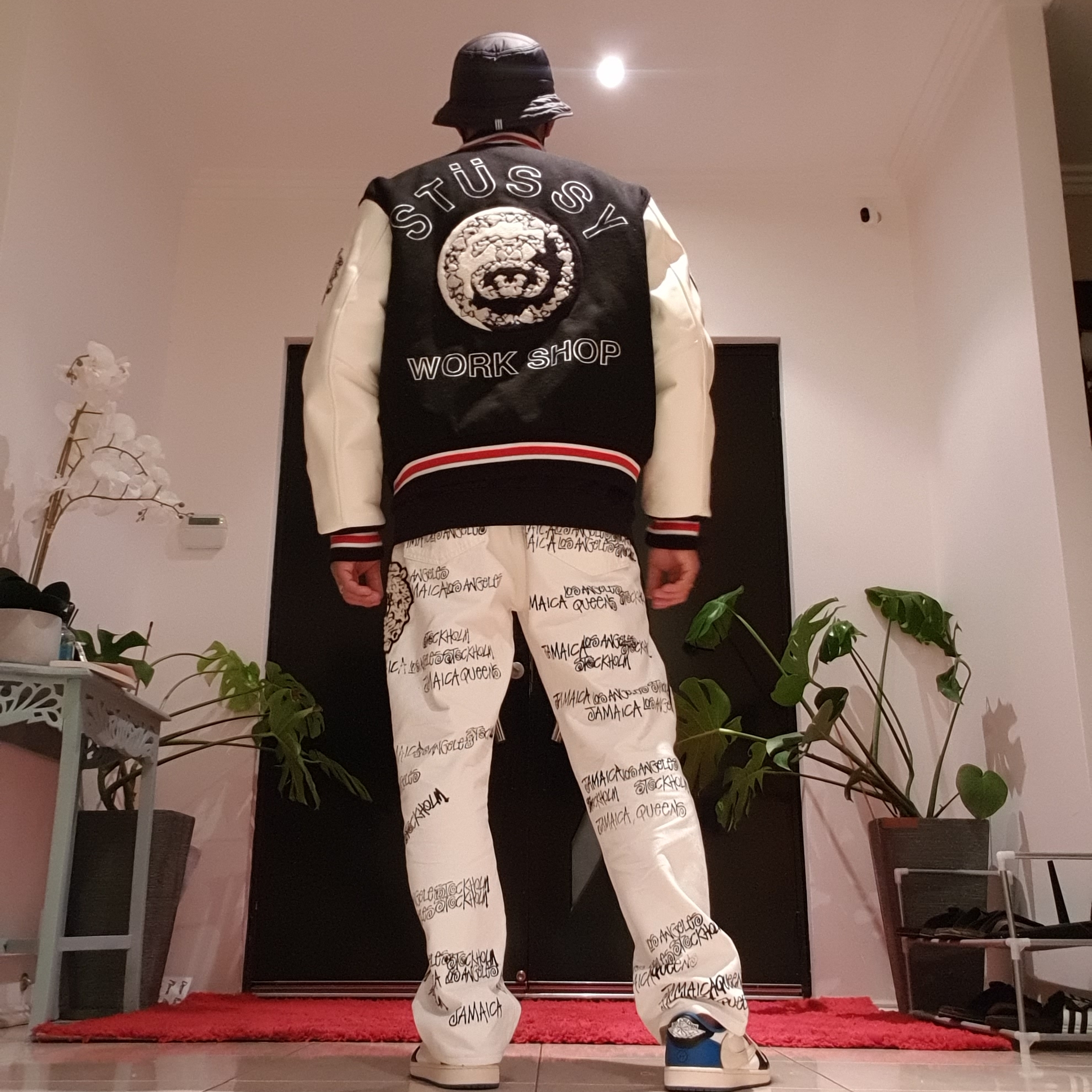 Stussy x Our Legacy x Denim Tears TTL 501 Jean White, Stussy x Our Legacy x Denim Tears TTL Varsity Jacket Black 착용 스타일 - 2