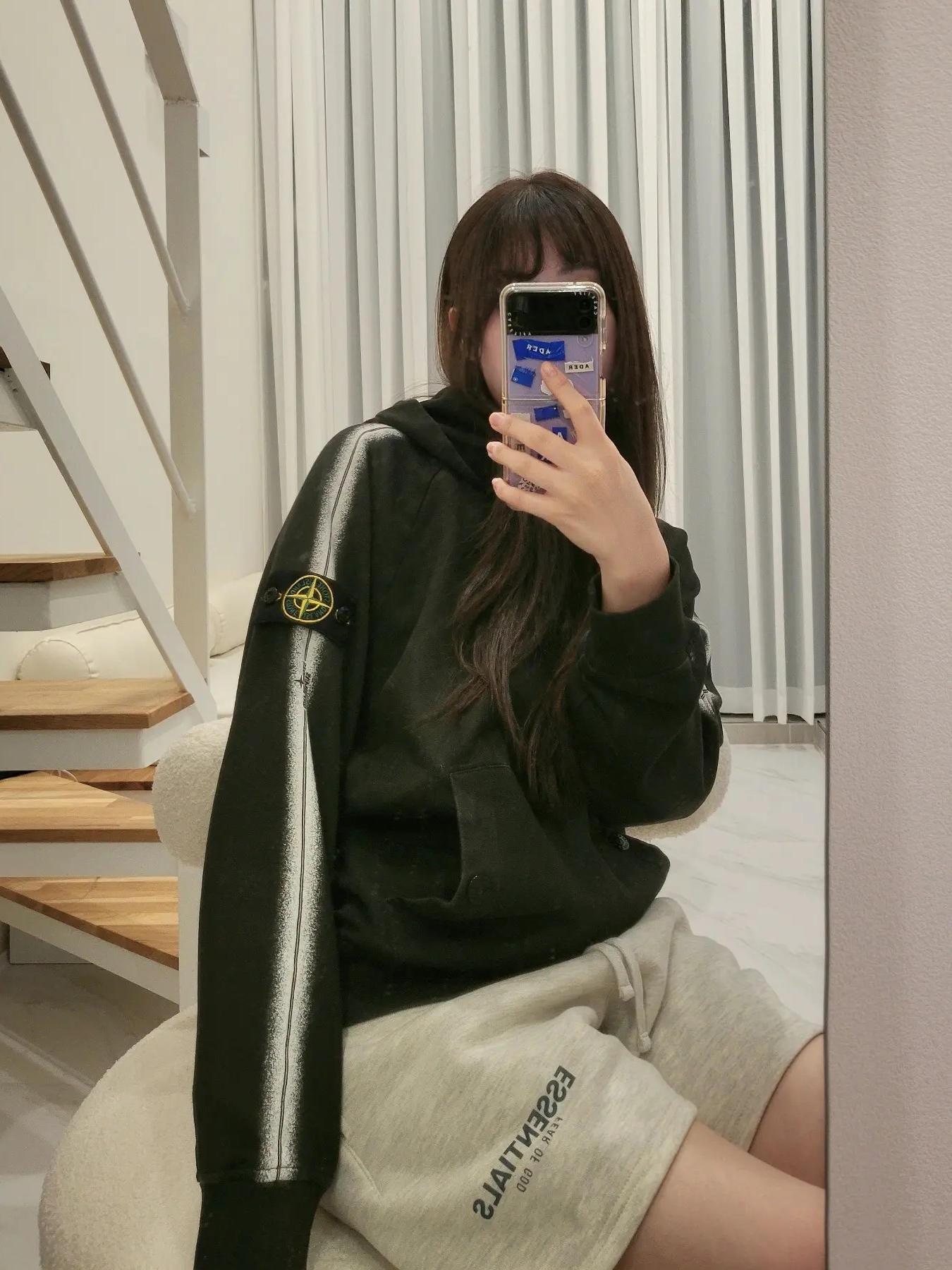 Supreme x Stone Island Stripe Hooded Sweatshirt Black - 22SS, Essentials The Core Collection Sweatshorts Light Oatmeal 착용 스타일