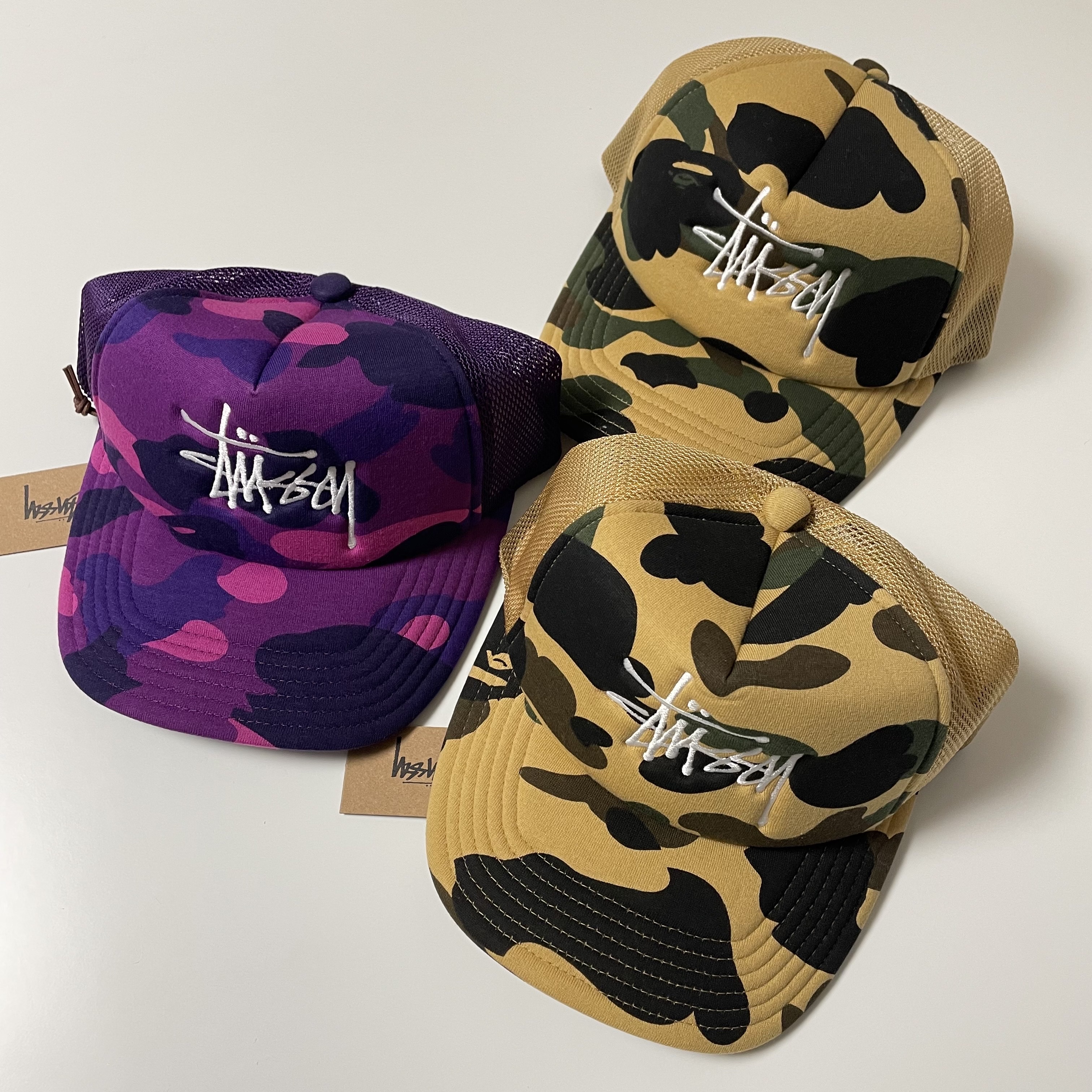 Stussy x BAPE Trucker Cap Purprle, Stussy x BAPE Trucker Cap Yellow 착용 스타일