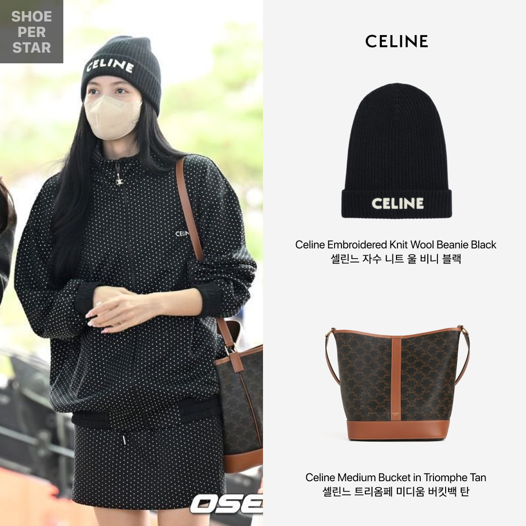 Celine Beanie in Ribbed Wool Black, Celine Medium Bucket in Triomphe Canvas and Calfskin Tan 착용 스타일 - 1