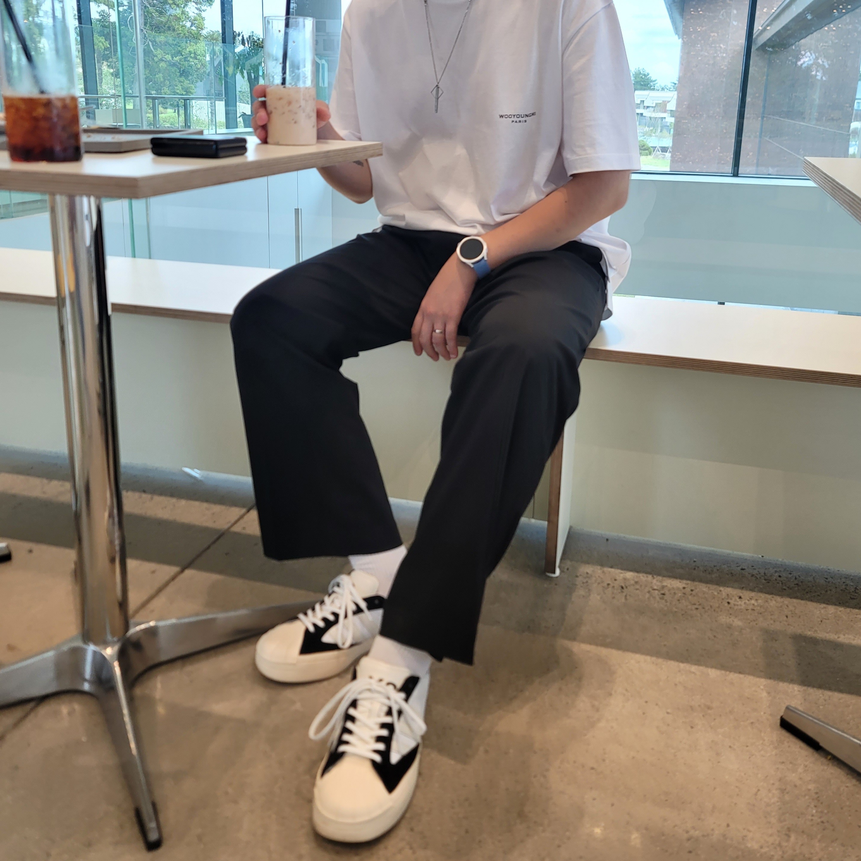 Wooyoungmi Square Label T-Shirt White - 22FW, Y-3 Yohji Star Cloud White Bold Blue 착용 스타일
