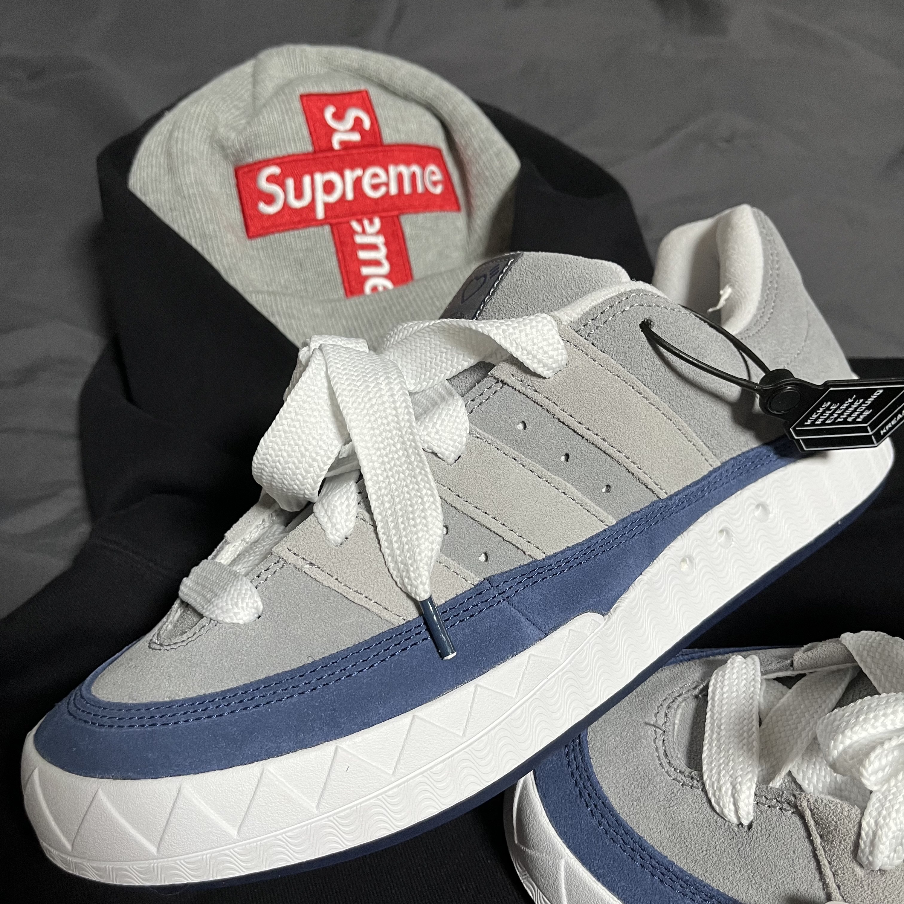 Adidas x Human Made Adimatic Gray, Supreme New Era Cross Box Logo Beanie Heather Grey - 20FW 착용 스타일
