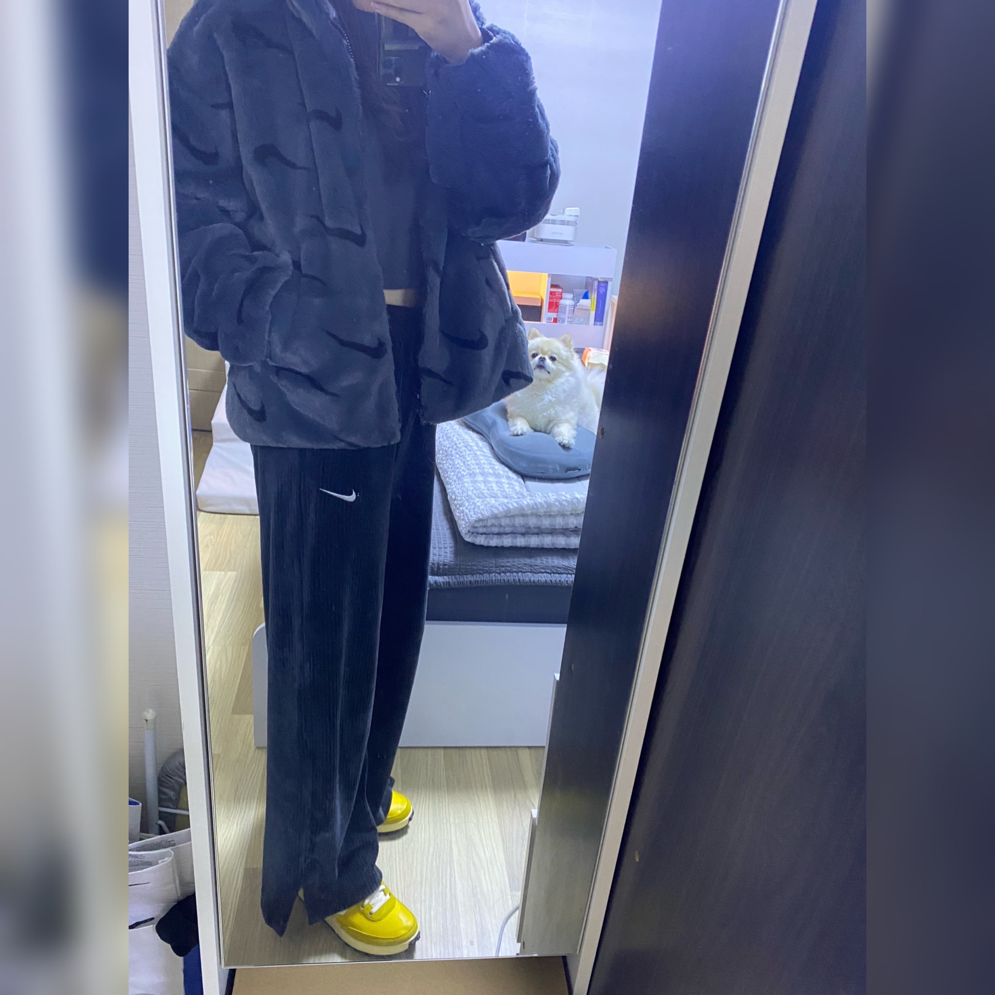 (W)Nike NSW Plush Printed Faux Fur Jacket Dark Smoke Grey - Asia, Nike x Tom Sachs General Purpose Shoe Archive 착용 스타일 - 1