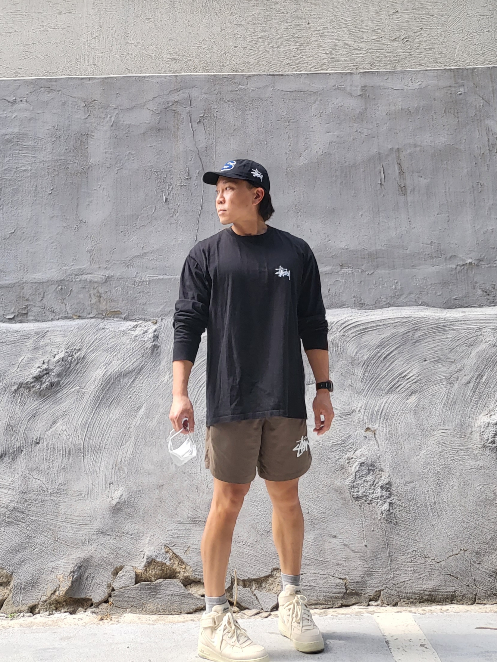 Nike x Stussy Air Force 1 '07 Mid SP Fossil, Stussy Big Stock Water Shorts Brown 착용 스타일 - 1