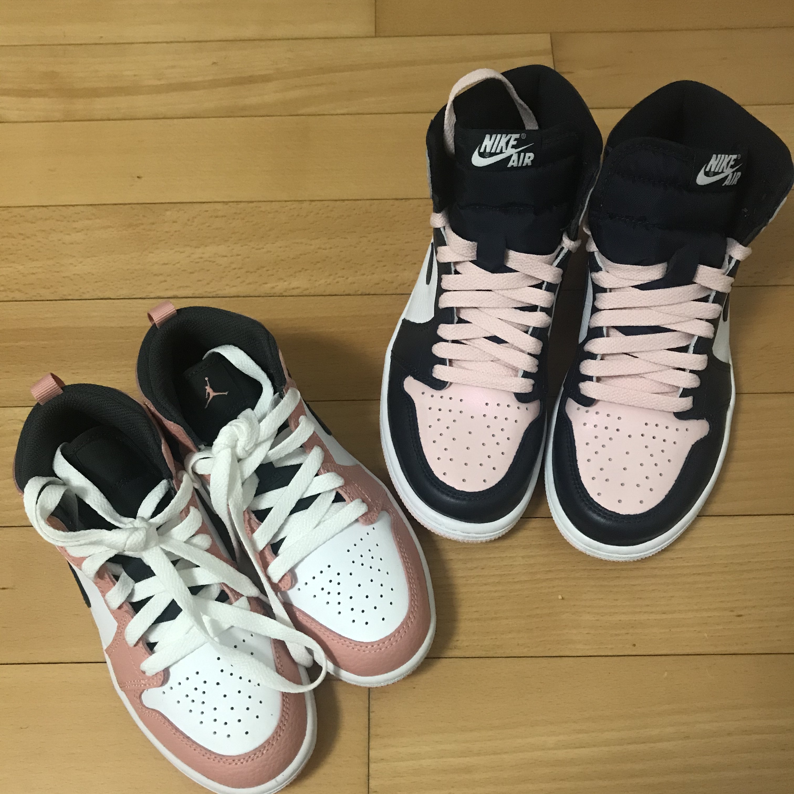(PS) Jordan 1 Mid Pink Quartz, (W) Jordan 1 Retro High OG Atmosphere 착용 스타일