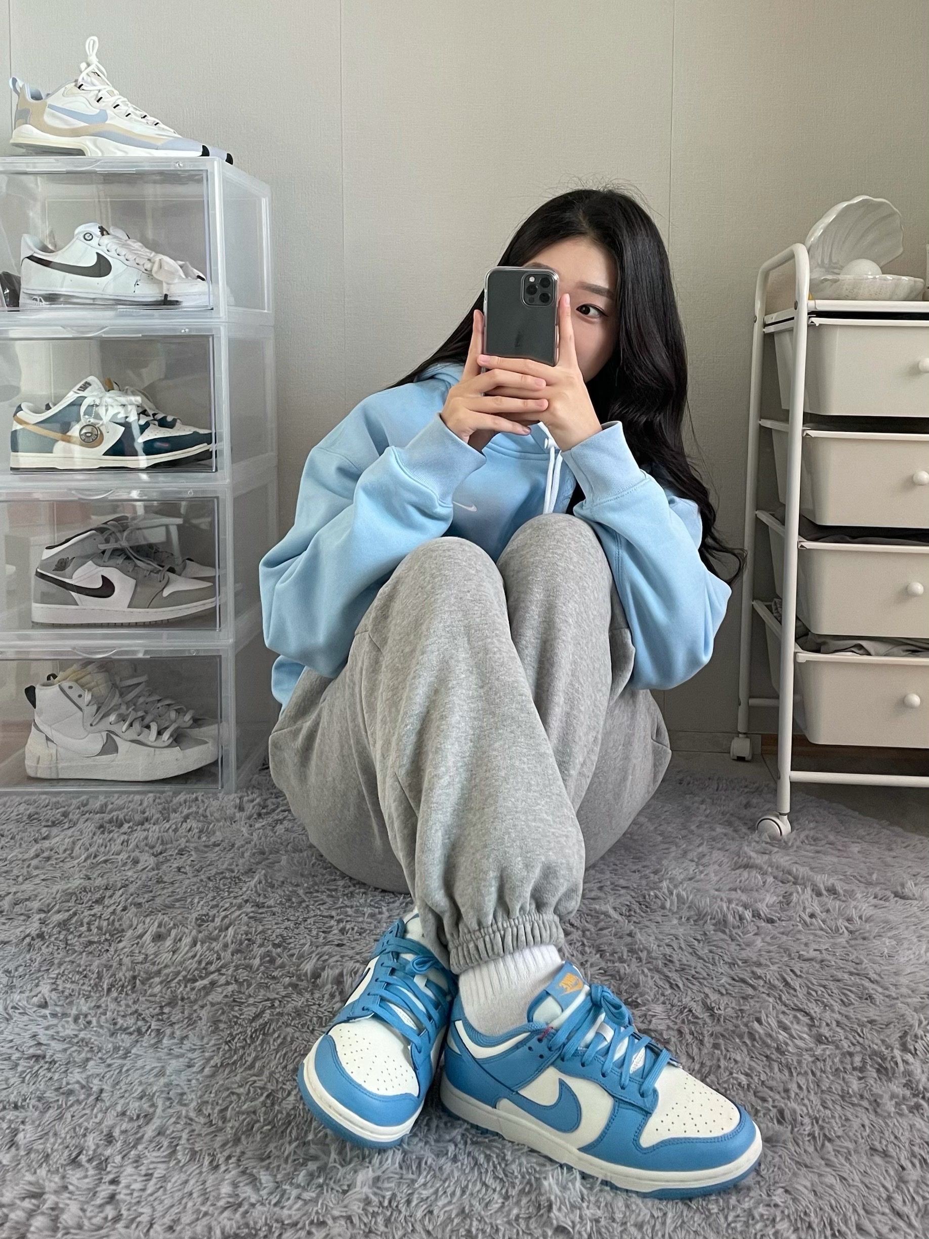(W) Nike Dunk Low Coast, Nike M NRG Hoodie Psychic Blue 착용 스타일