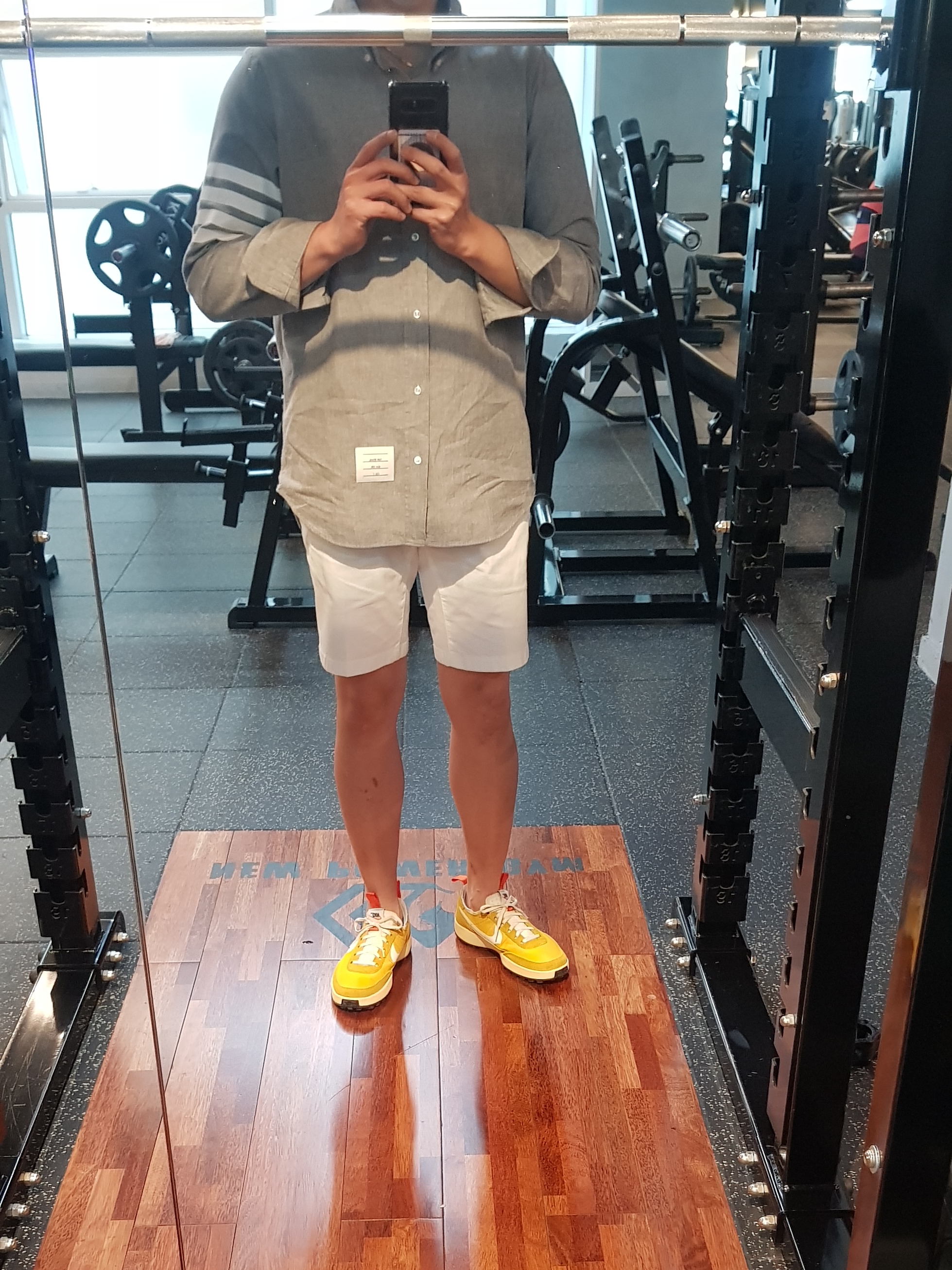 Nike x Tom Sachs General Purpose Shoe Archive, Thom Browne Solid Flannel 4-Bar Straight Fit Shirt Medium Grey 착용 스타일 - 2