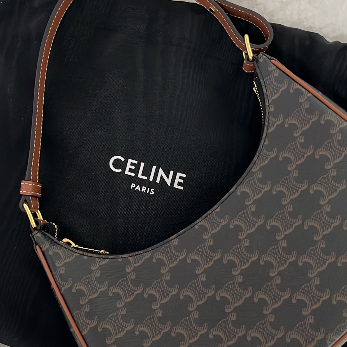 Celine Ava Bag in Triomphe Canvas and Calfskin Tan 착용 스타일 - 2