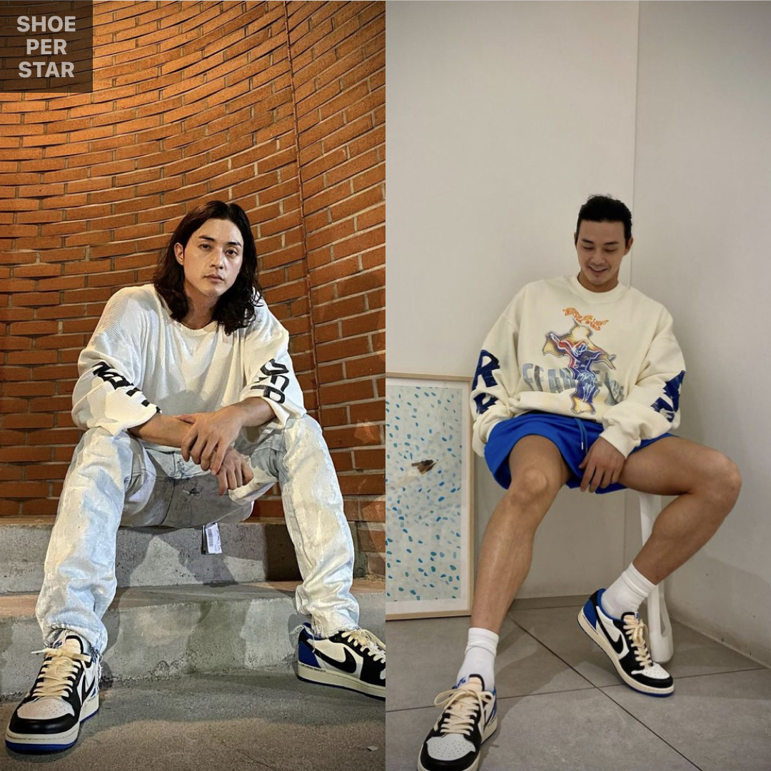 Jordan 1 x Travis Scott x Fragment Retro Low OG SP Military Blue 착용 스타일 - 1