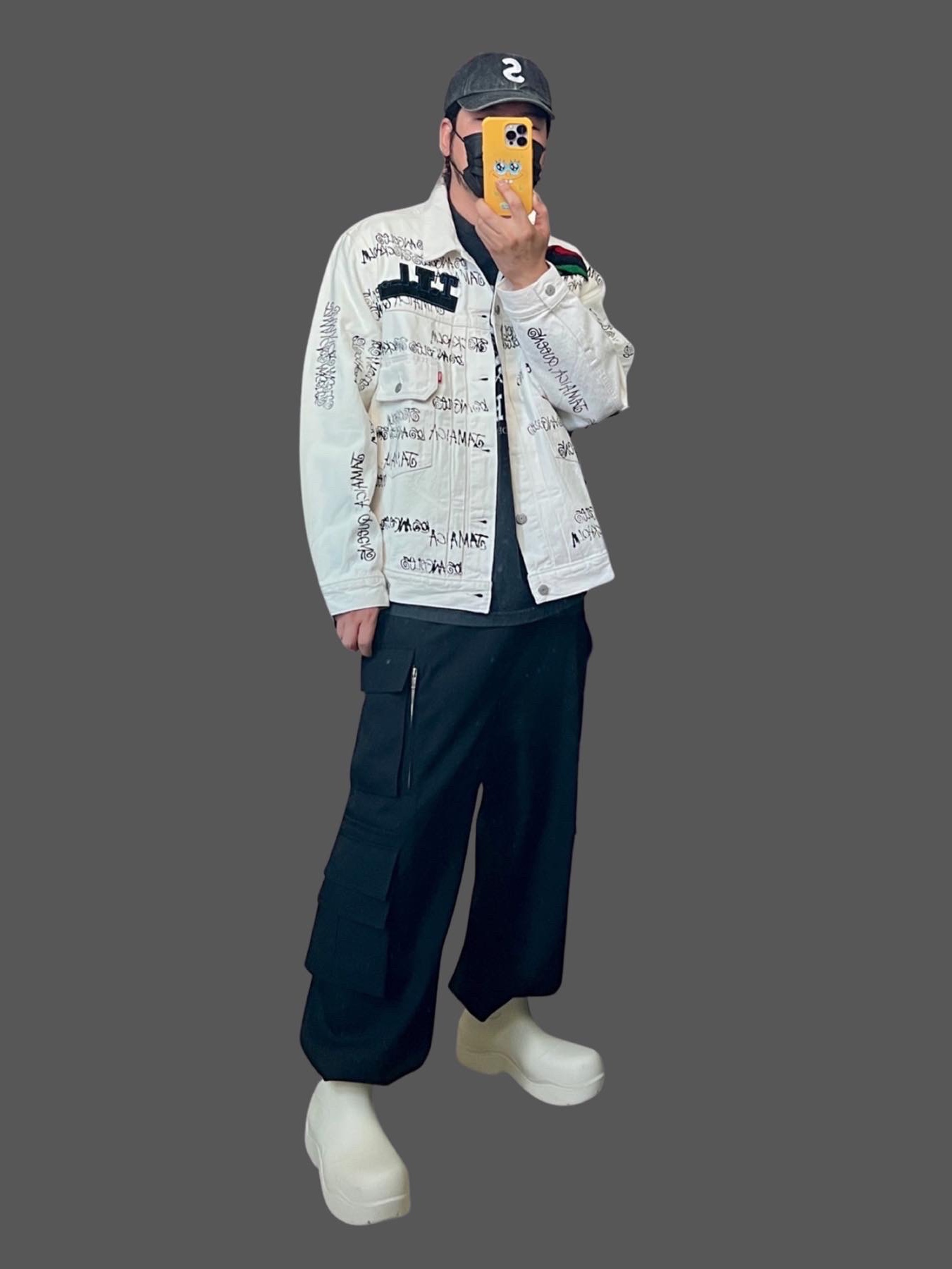 Stussy x Our Legacy x Denim Tears TTL Denim Jacket White, Bottega Veneta Puddle Ankle Boots Sea Salt 착용 스타일