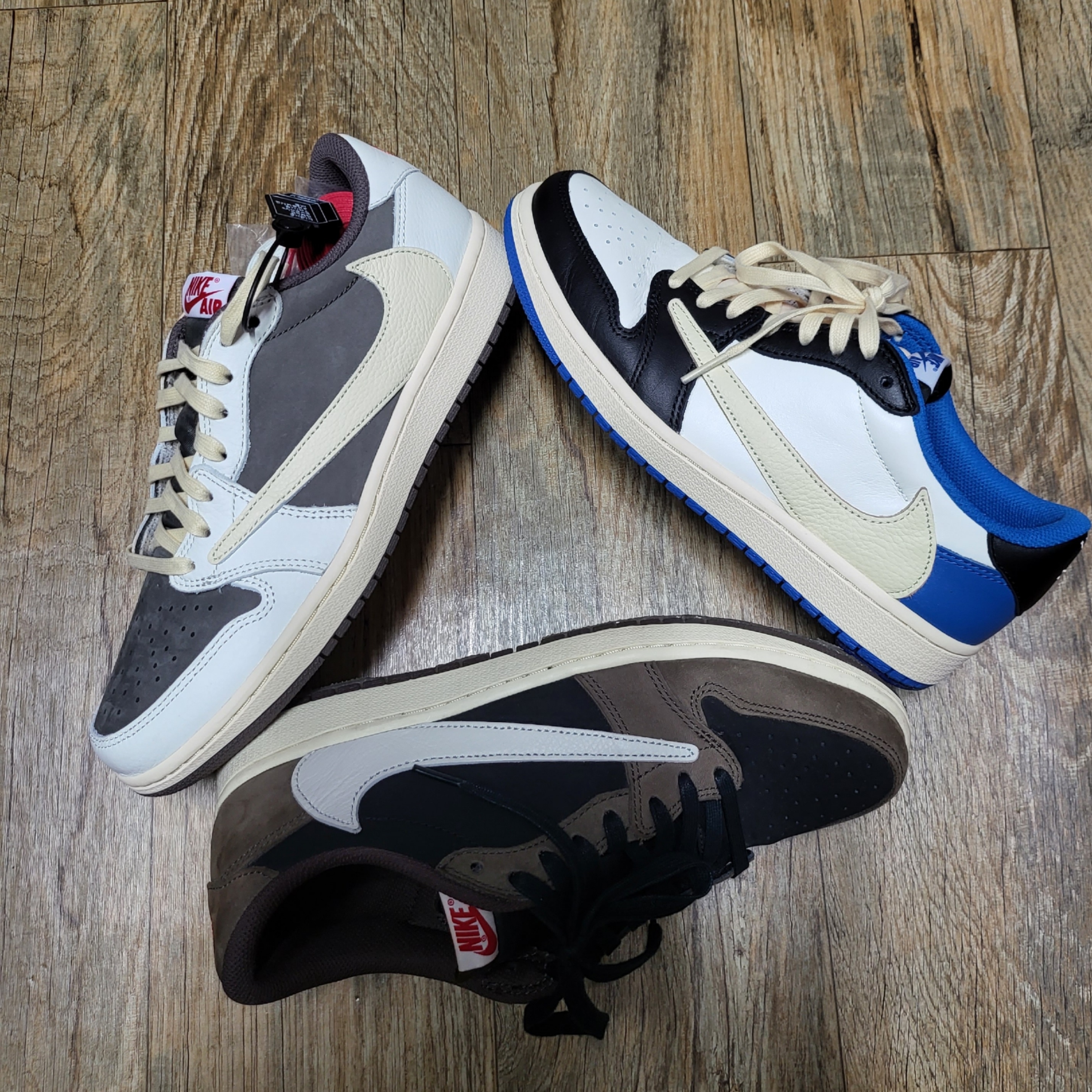 Jordan 1 x Travis Scott Retro Low OG SP Sail and Ridgerock, Jordan 1 x Travis Scott x Fragment Retro Low OG SP Military Blue 착용 스타일