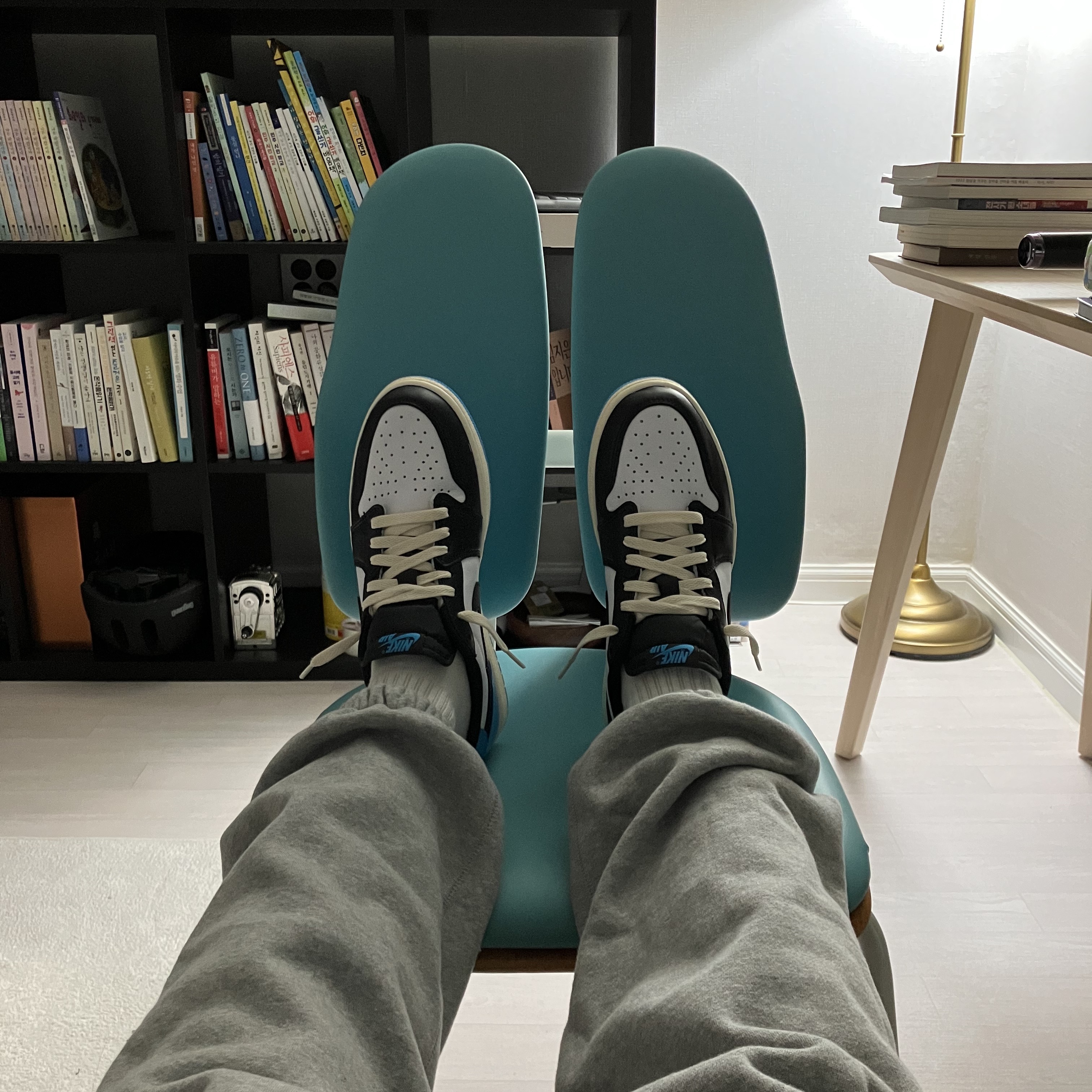 Jordan 1 Retro Low OG Black and Dark Powder Blue 착용 스타일 - 3