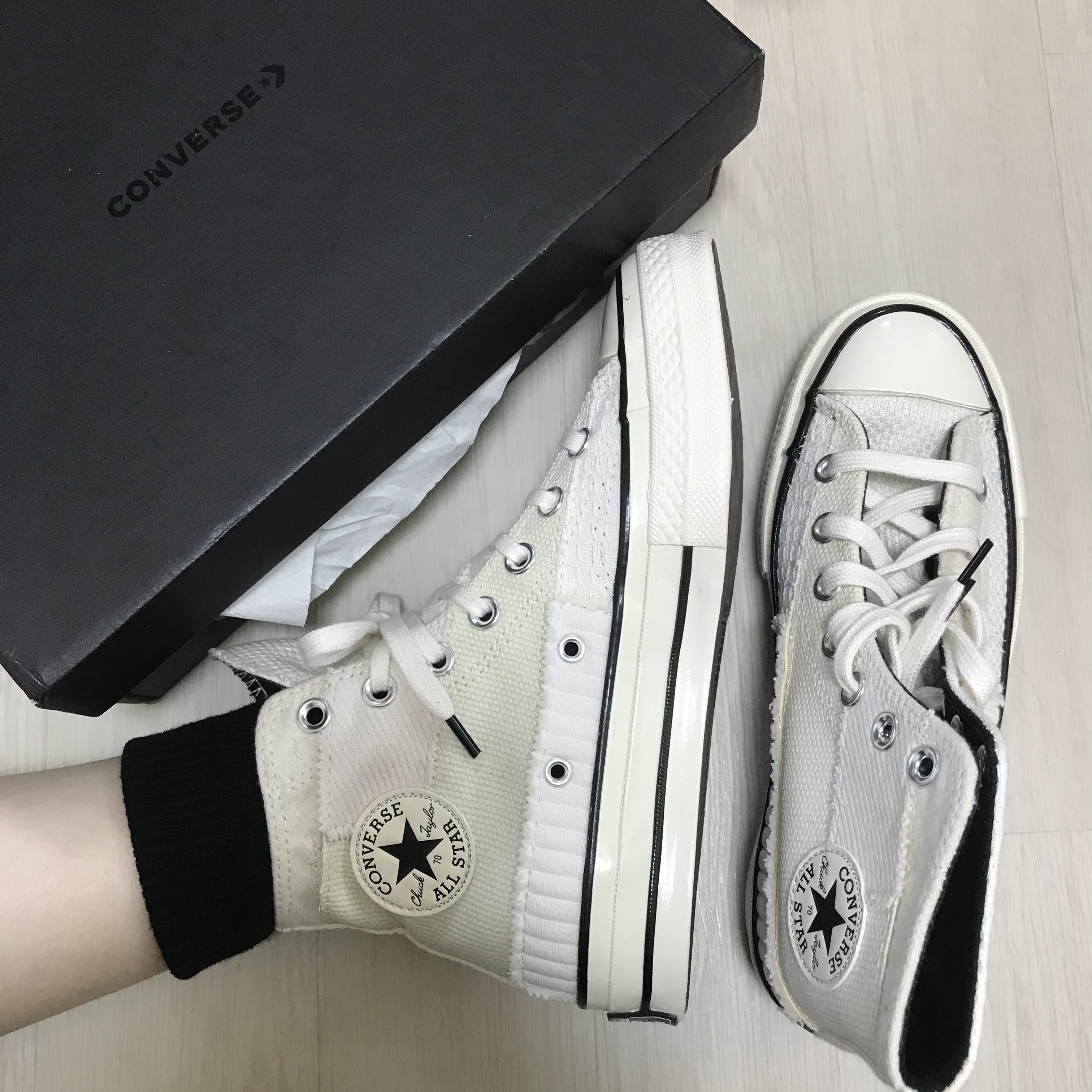 Converse Mono Patchwork Chuck 70 High White Egret 착용 스타일