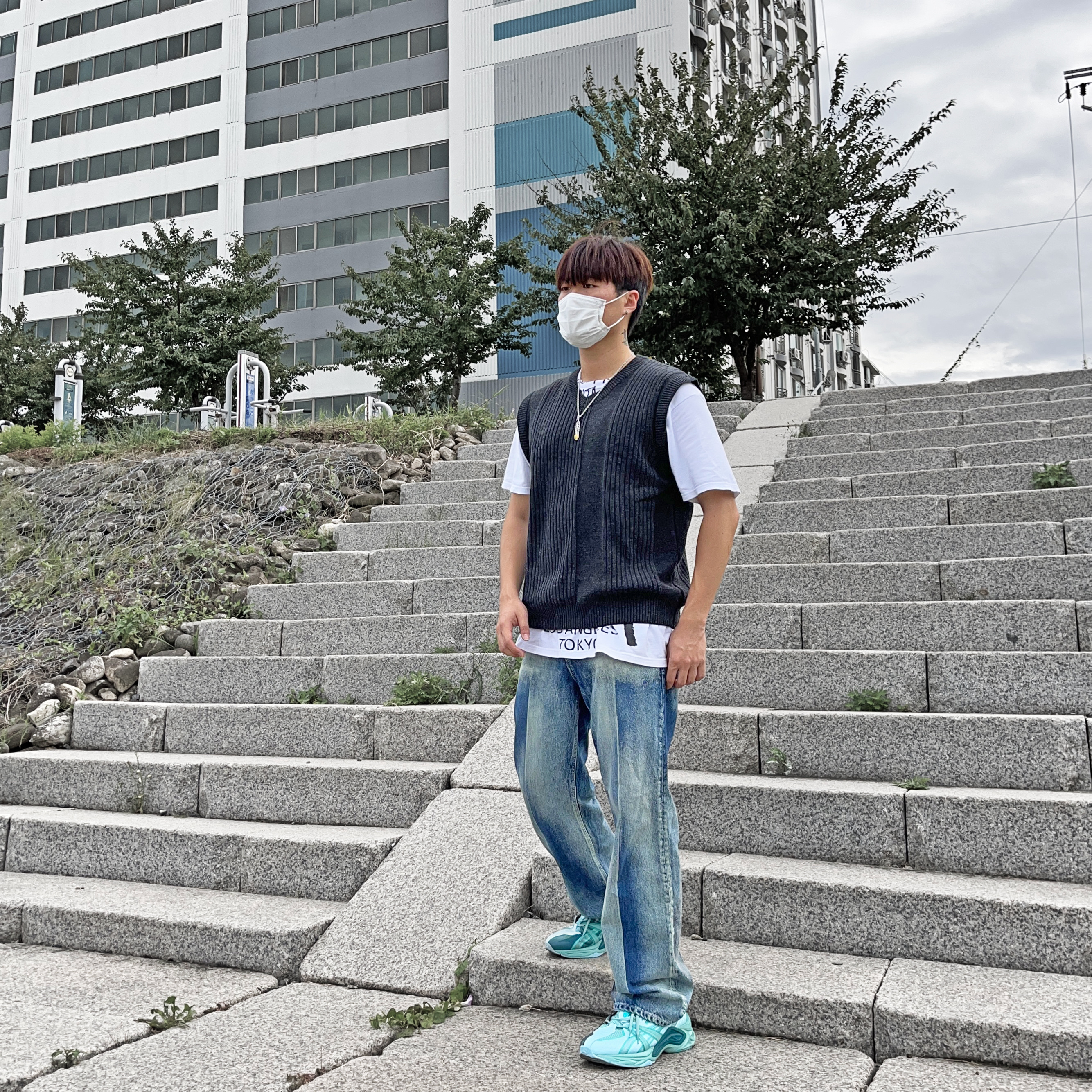Stussy x Takahiromiyashita The Soloist 40 WT T-Shirt, Asics HN2-S Protoblast Shaded Spruce 착용 스타일