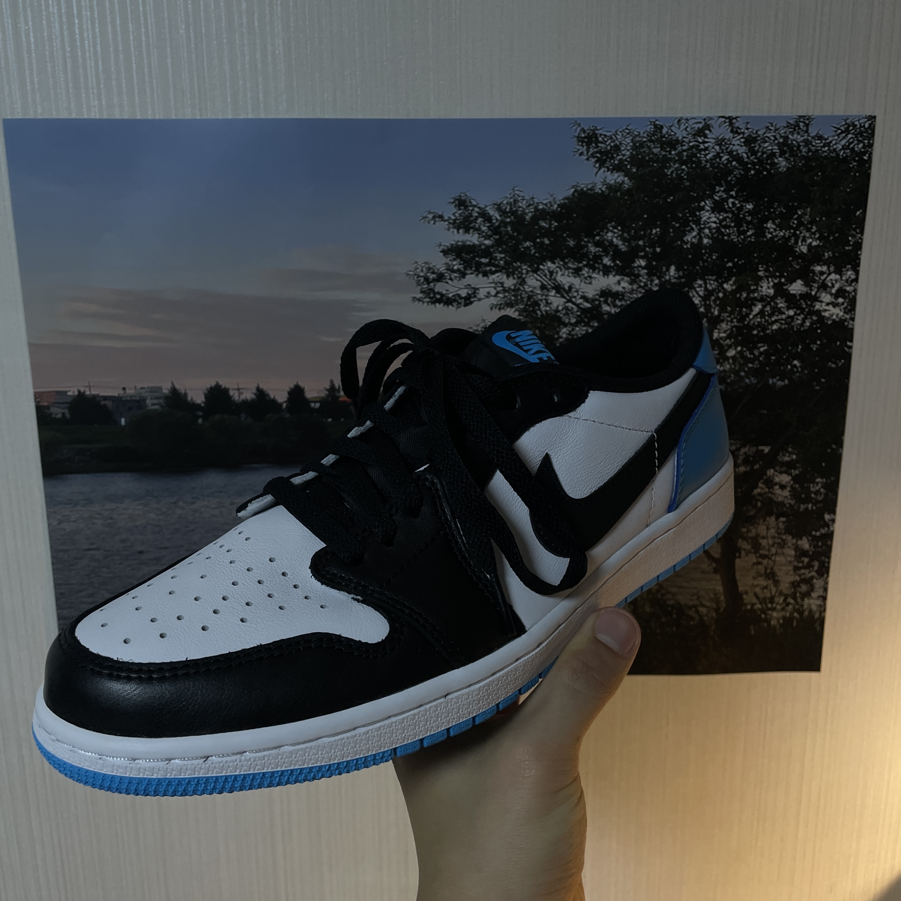 Jordan 1 Retro Low OG Black and Dark Powder Blue 착용 스타일 - 3