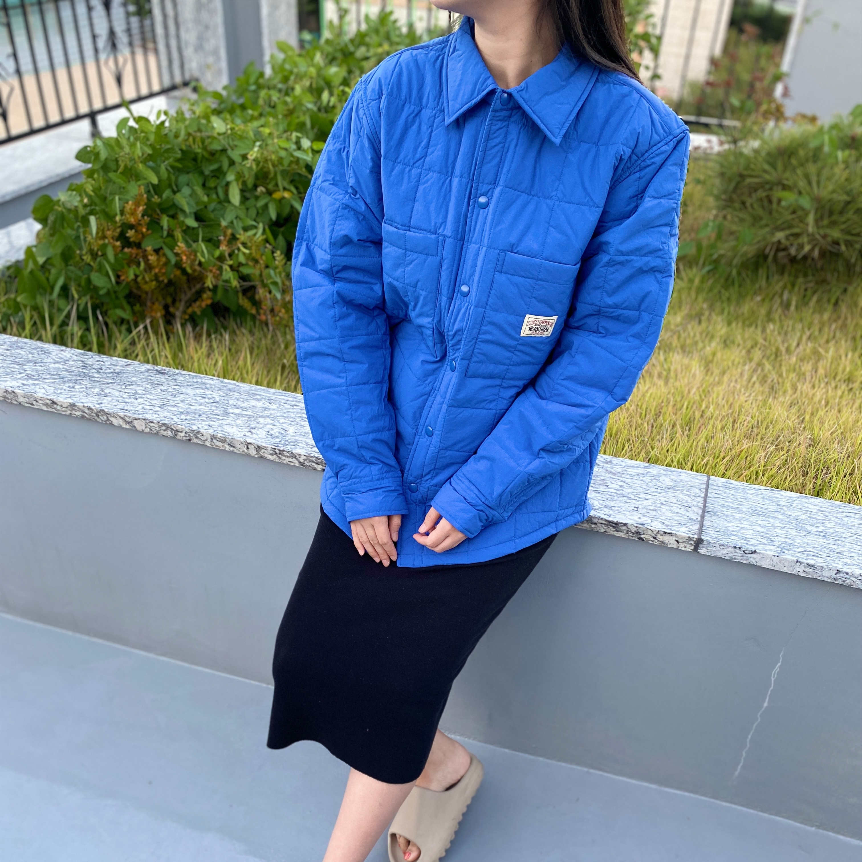 Stussy Quilted Fatigue Shirt Blue, Adidas Yeezy Slide Pure - Re-Release Ver. 착용 스타일 - 2
