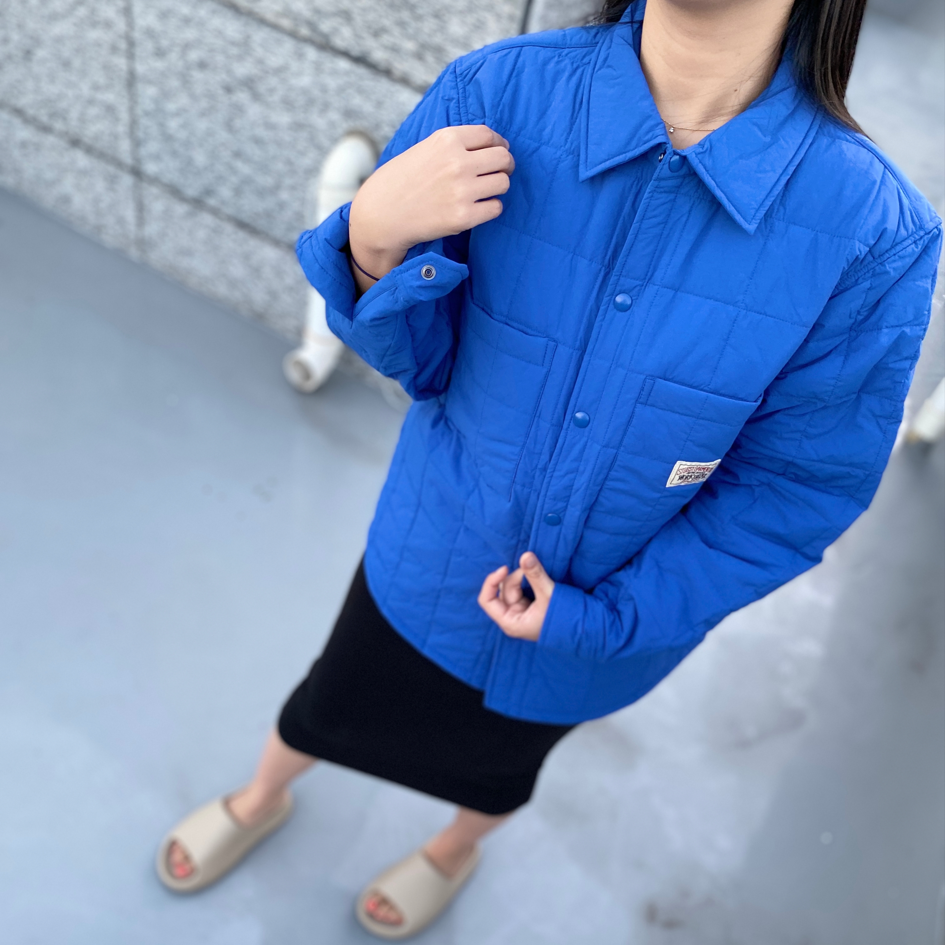 Stussy Quilted Fatigue Shirt Blue, Adidas Yeezy Slide Pure - Re-Release Ver. 착용 스타일 - 5