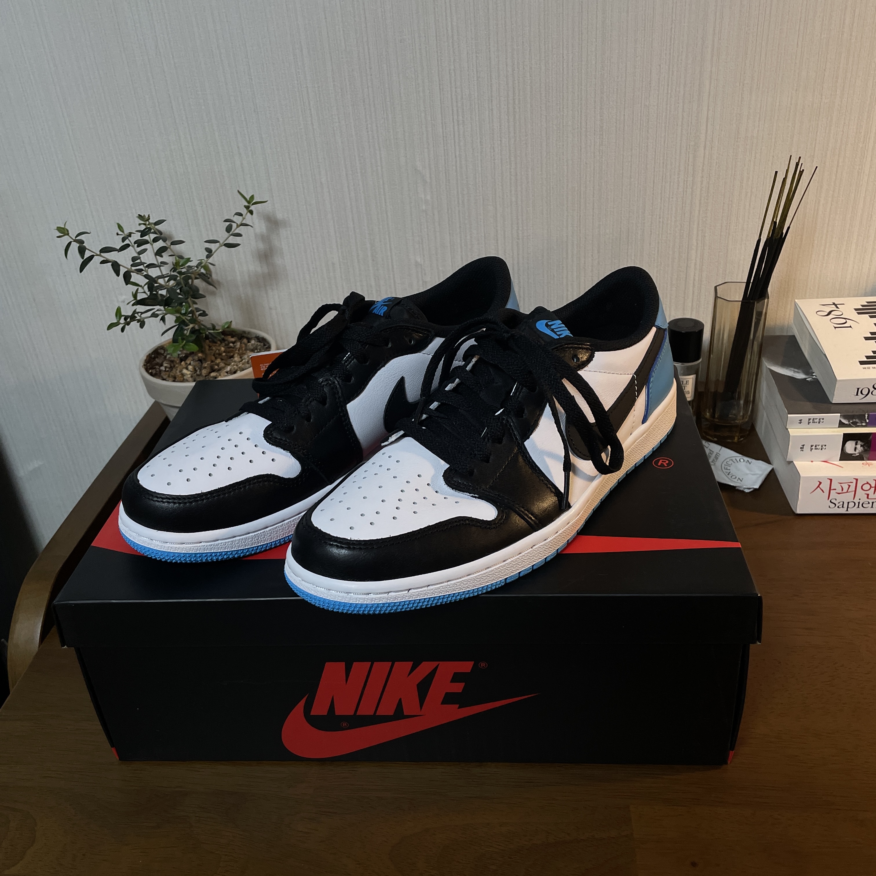 Jordan 1 Retro Low OG Black and Dark Powder Blue 착용 스타일 - 2
