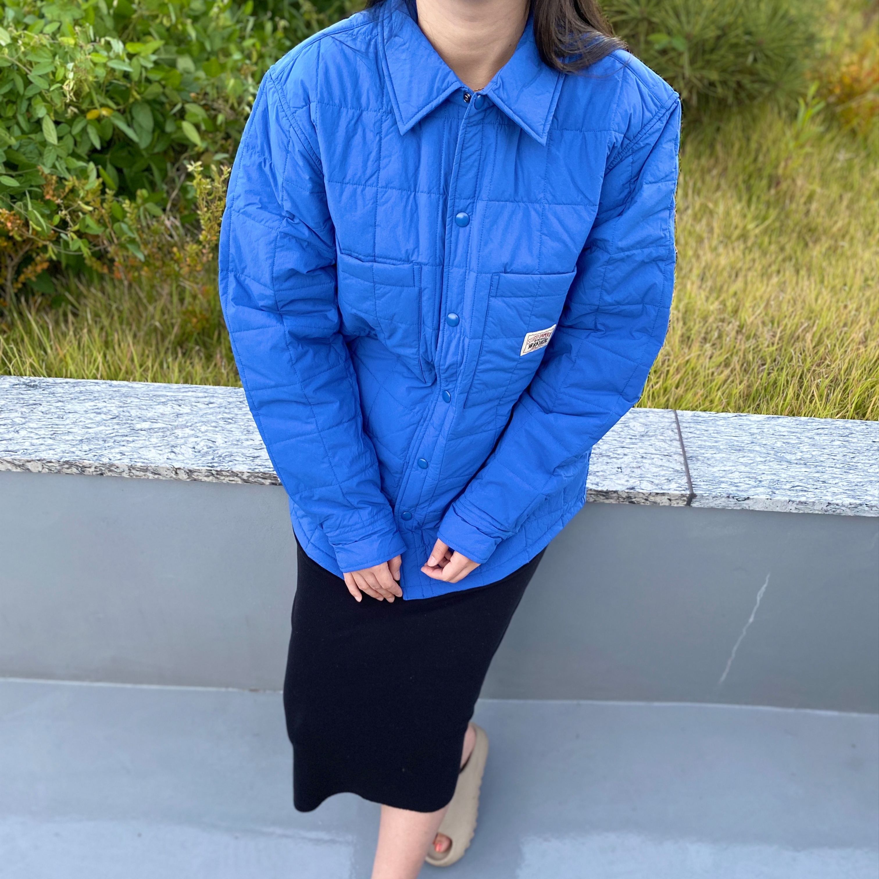 Stussy Quilted Fatigue Shirt Blue, Adidas Yeezy Slide Pure - Re-Release Ver. 착용 스타일 - 3