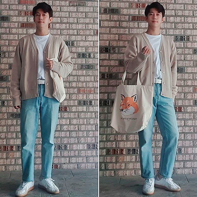 Adidas BW Army White, Maison Kitsune Fox Head Patch Regular Long Sleeve T-Shirt White 착용 스타일 - 2