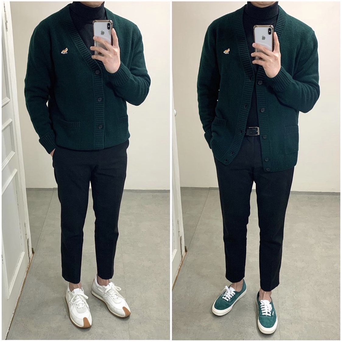 Maison Kitsune Baby Fox Patch Cosy Cardigan Dark Green 착용 스타일