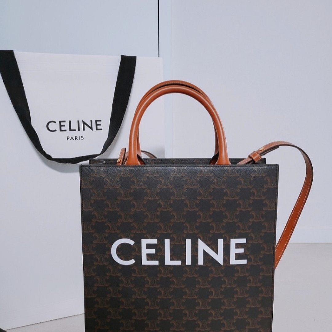 Celine Mini Vertical Cabas in Triomphe Canvas and Calfskin with Celine Print Tan 착용 스타일