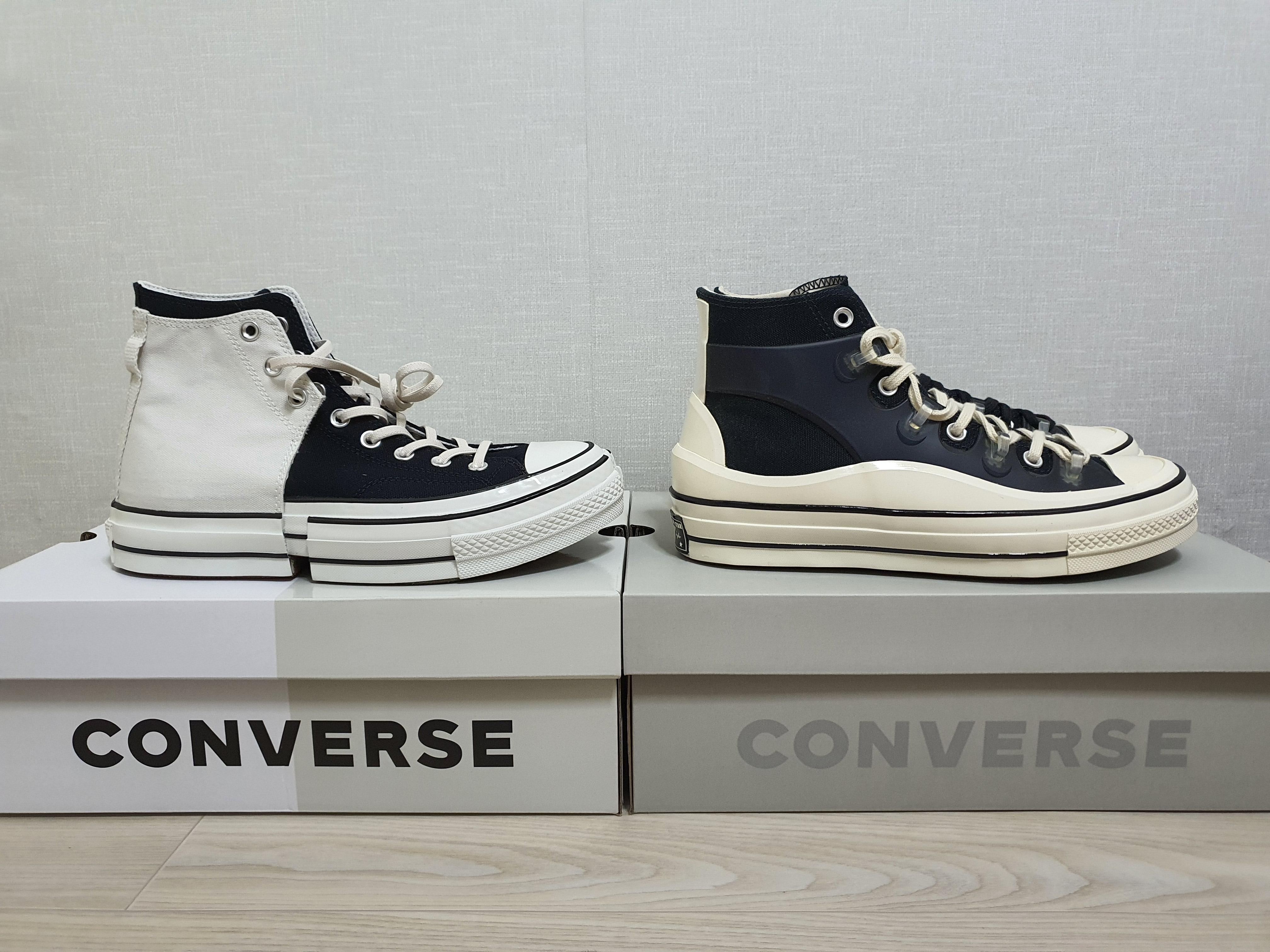 Converse x Feng Chen Wang Chuck 70 2-in-1 Natural Ivory Black, Converse x Kim Jones Chuck 70 Utility Wave High Black 착용 스타일