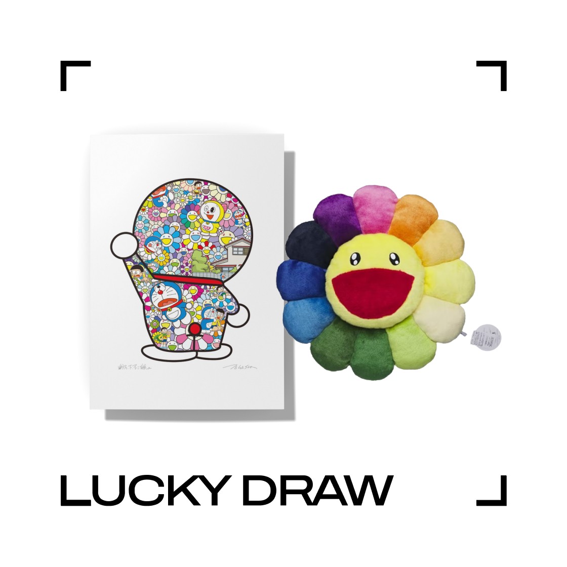 Murakami Takashi Doraemon Offset Print + Kaikai Kiki Flower Cushion 60cm Rainbow