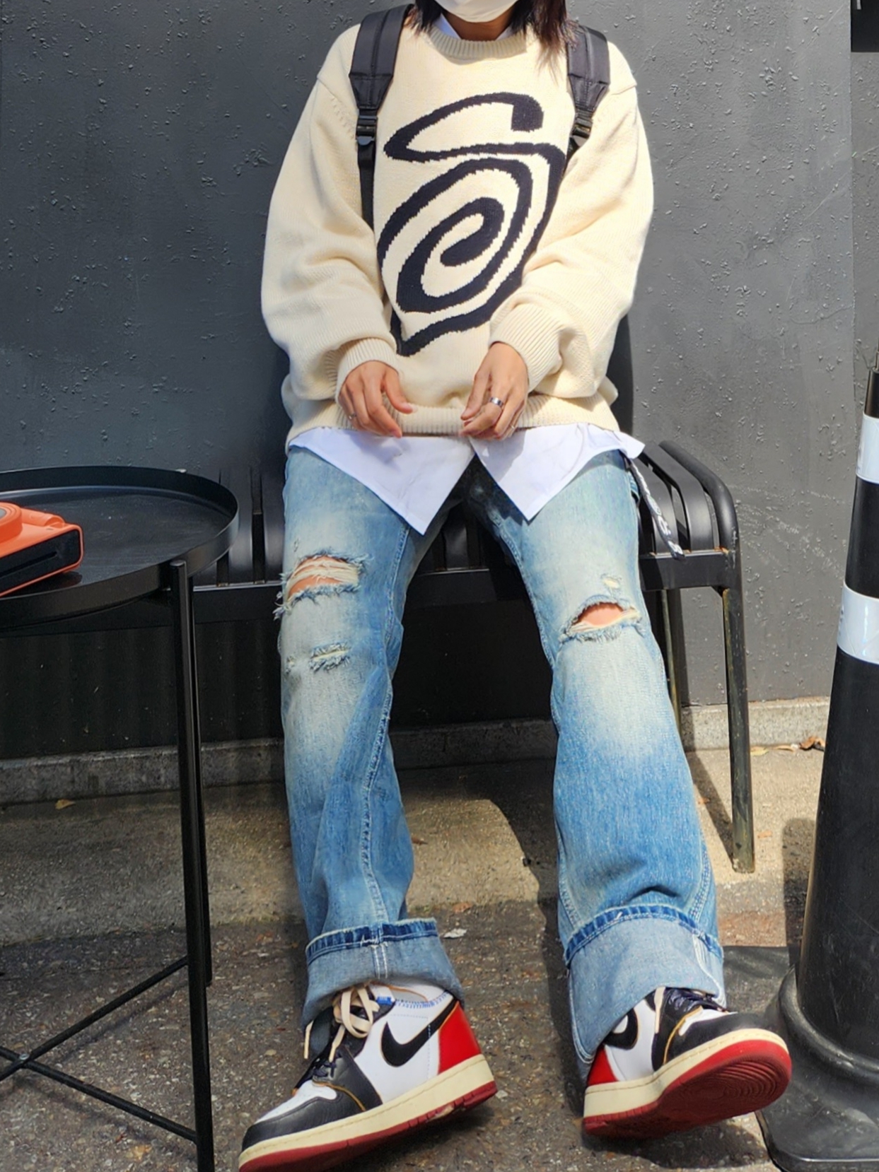 Stussy Curly S Sweater Natural, Stussy x Cactus Plant Flea Market Web Belt Black 착용 스타일 - 4